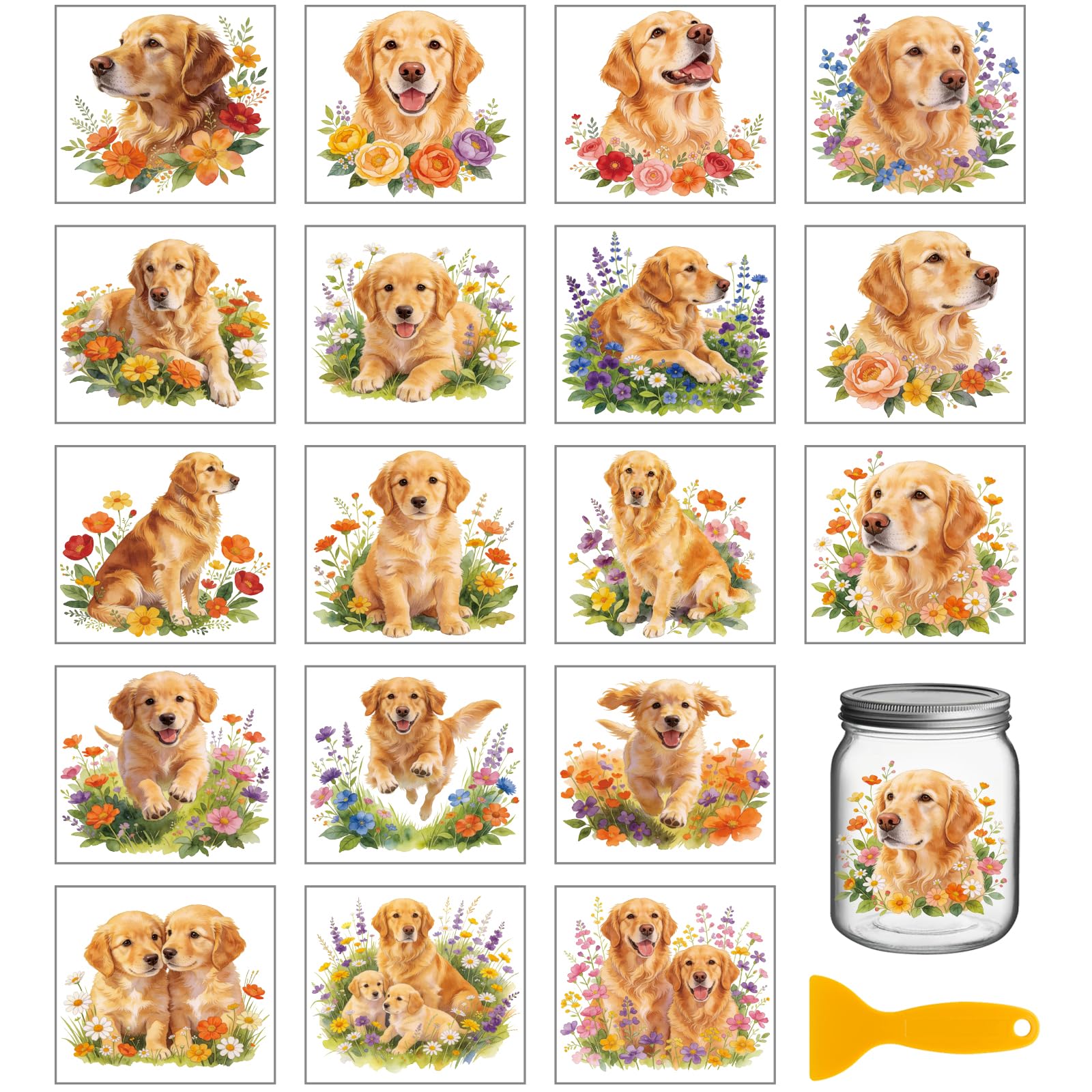 GLOBLELAND 18 Sheets Golden Retriever Rub on Transfer 3.9x3.6 inch Colorful Dog Vase Home Decals Animals Flowers Transfer Stickers for Furniture Vase Glass Art Crafts Decorations