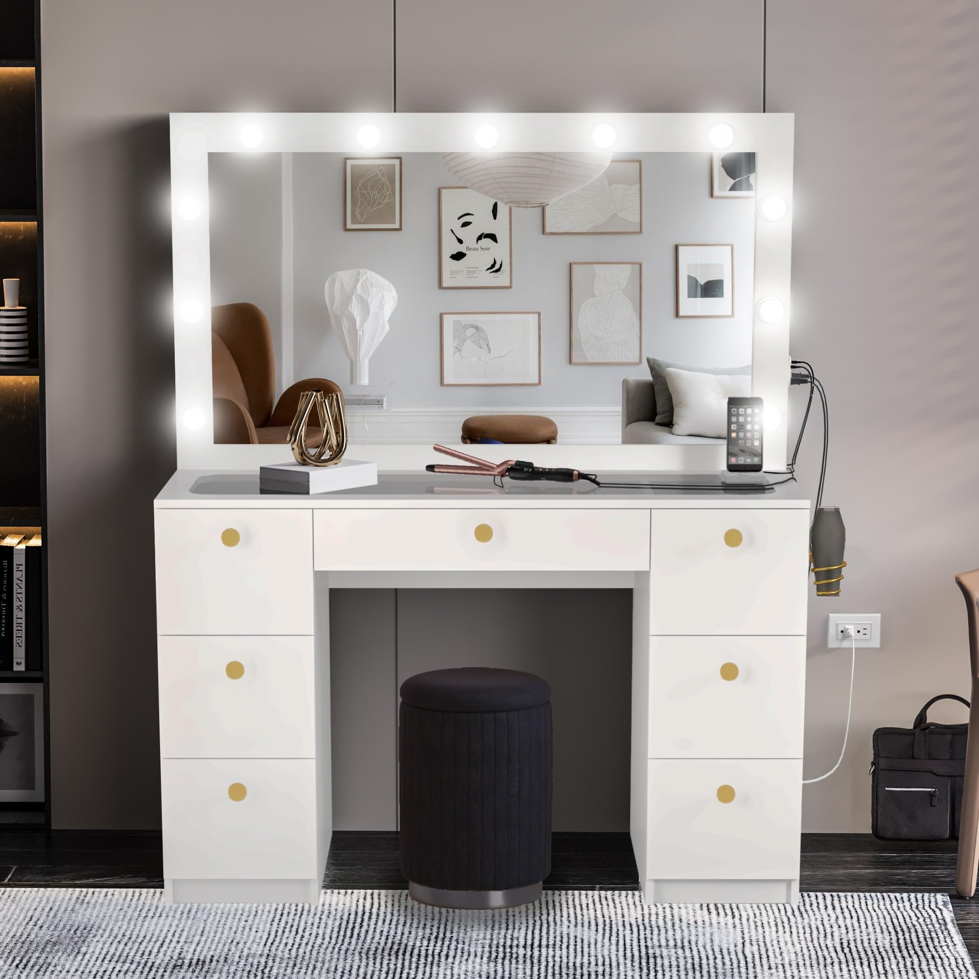 Boahaus Lyra Large Makeup Vanity Desk with Lights Built-in, Stool Included, Vanity Set 7 Drawers, White Vanity Mirror with Lights, Glass Top Vanity with Outlet, Golden Knobs 56''Hx46.3''Wx14''D