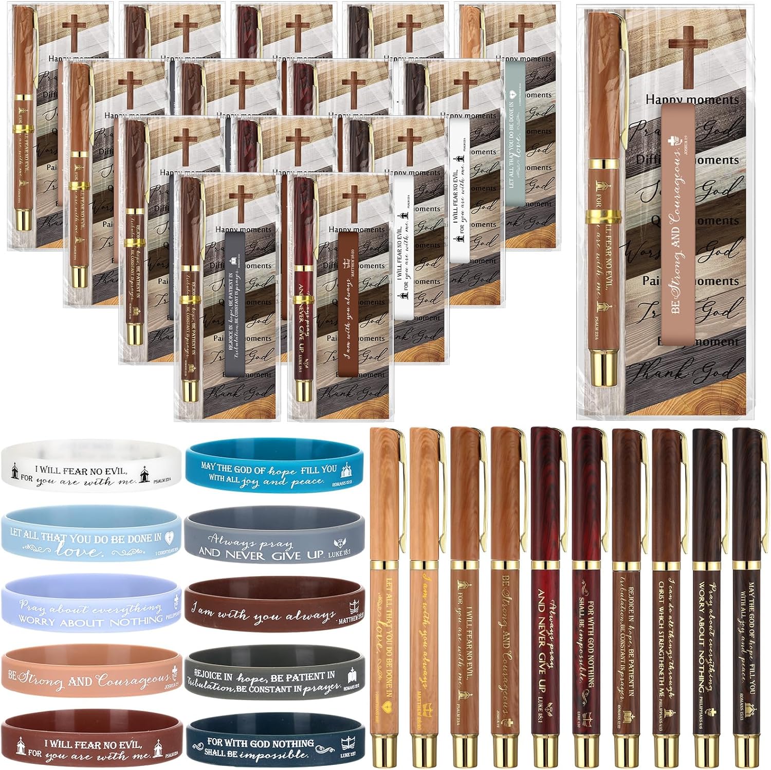 Spakon 50 Sets Christian Gifts Bulk Bible Verses Pens Christian Silicone Bracelets Religious Paper Bookmarks for Women Men Sunday School Church Priest Mother's Father's Day (Retro Color,Retro)