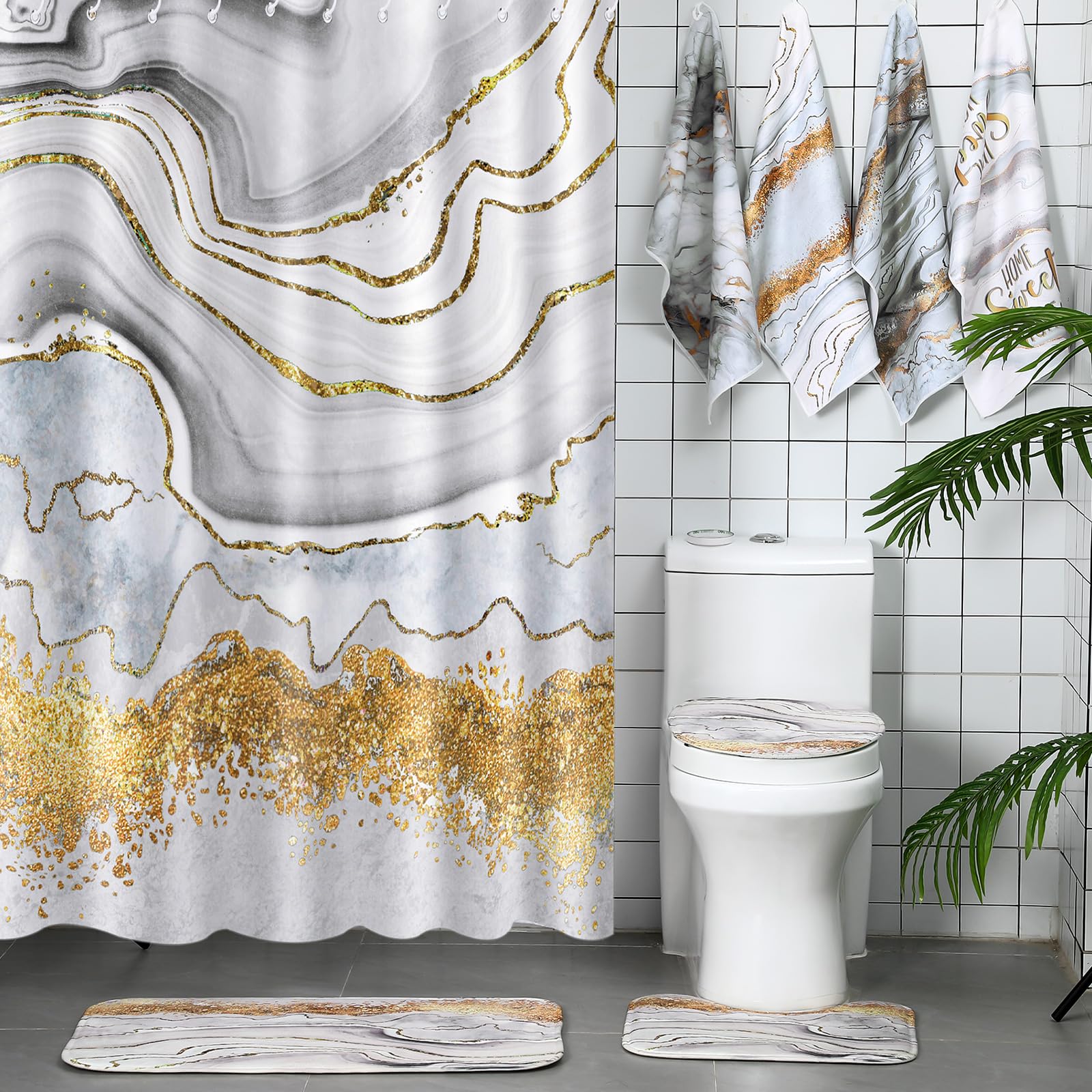 Honoson 8 Pcs Marble Shower Curtain Set with Rugs and Kitchen Towels Marble Farmhouse Shower Curtain Bathroom Set for Farmhouse Country Summer