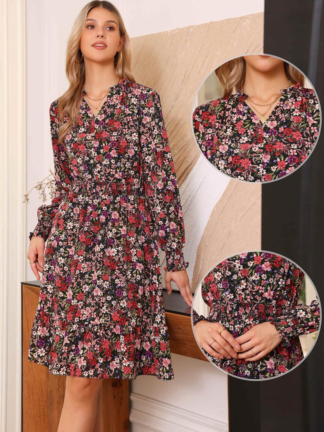 Allegra K Floral Dress for Women Long Sleeve V Neck Smocked Waist A Line Knee Length Flowy Dresses - Image 4