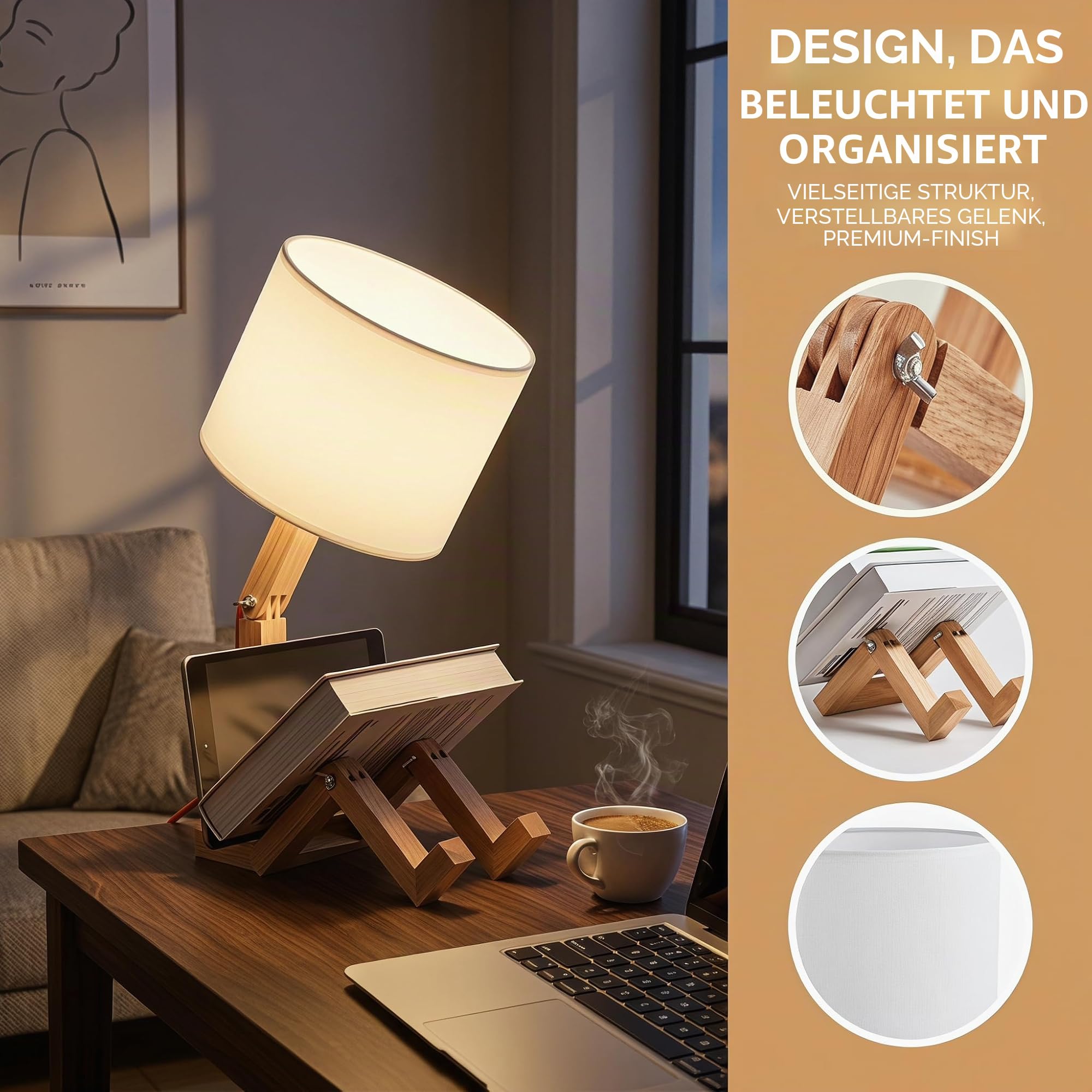 BARCELONA LED YOKI Holz Tischlampe Gelenkig, Skandinavische Schreibtischlampe im Figuren Design mit Weißem Stoffschirm, E27 Nachttischlampe für Schlafzimmer, Büro und Wohnzimmer