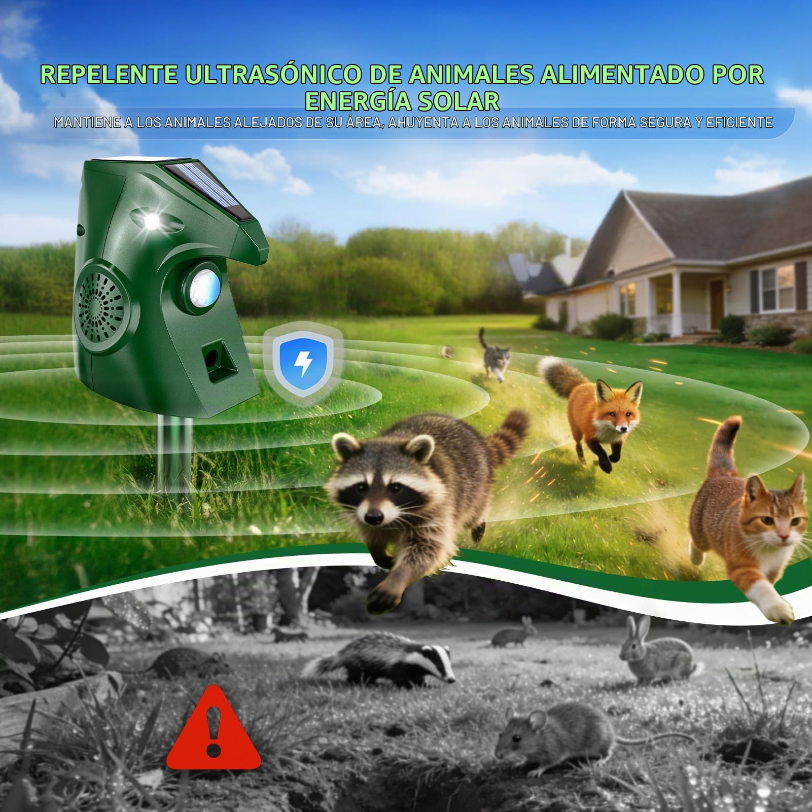 Repelente Gatos, 2 Modos Ultrasónicos Ahuyentador Gatos con Luz Intermitente, Ahuyentador de Gatos Exterior con Energía Solar e Impermeable, Perros, Pájaros, Zorrillos, Ardillas