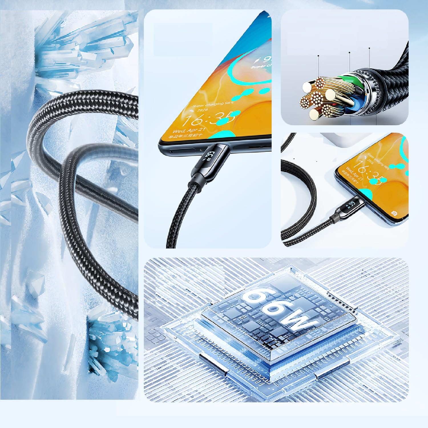 USB-A-auf-USB-C-Kabel, 1,2 m, Typ-C-Kabel mit LED-Display, Leistung Watt, max. 66 W schnelles Aufladen, USB-C-Kabel, kompatibel mit iPhone 15 Pro Max Plus, iPad, Galaxy S23, S22, Pixel, LG G6, Moto