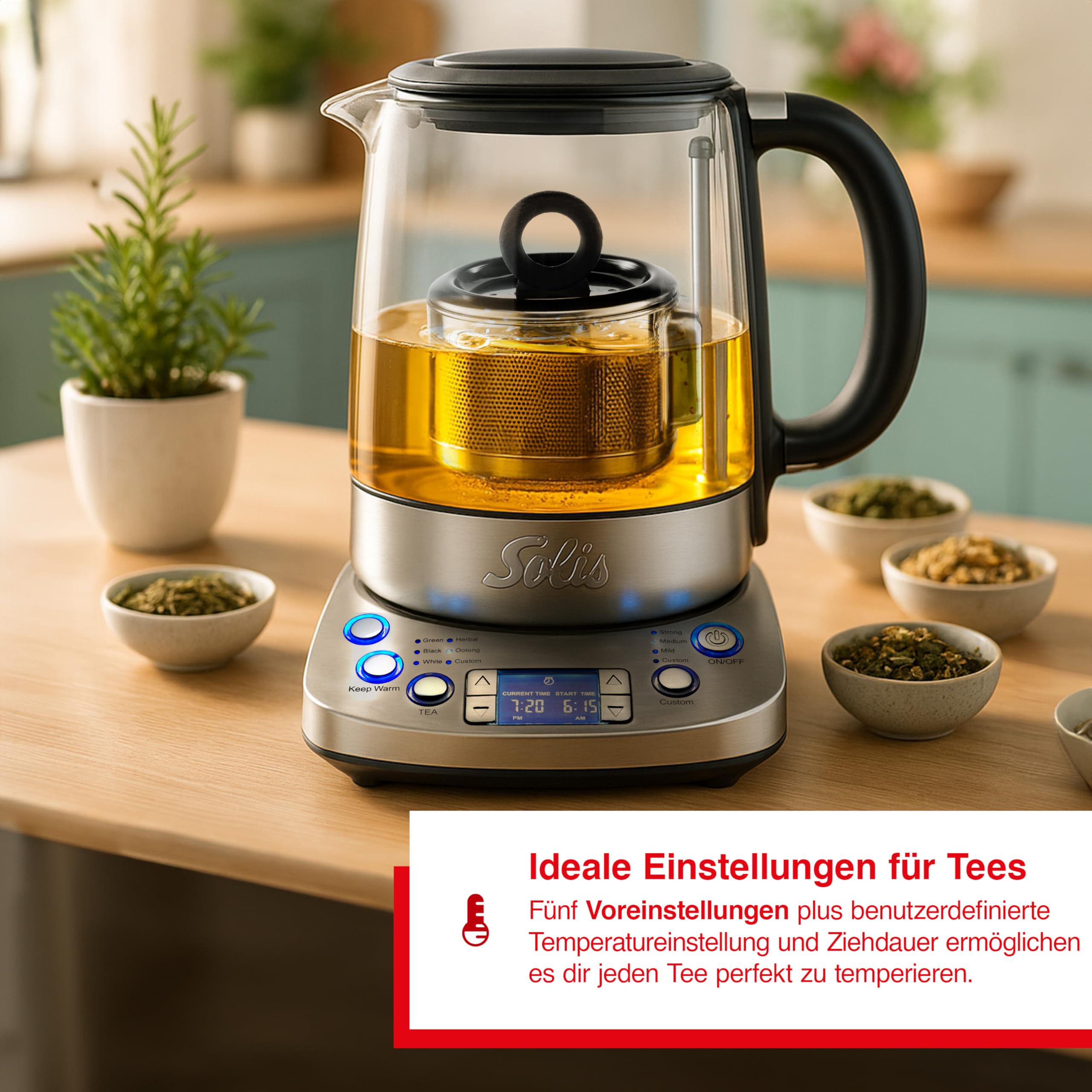 Solis Tea Kettle Automatic 5518 - Wasserkocher mit Temperatureinstellung - Teekocher - Timerfunktion - Integriertes Teesieb - 1,7 Liter Kanne