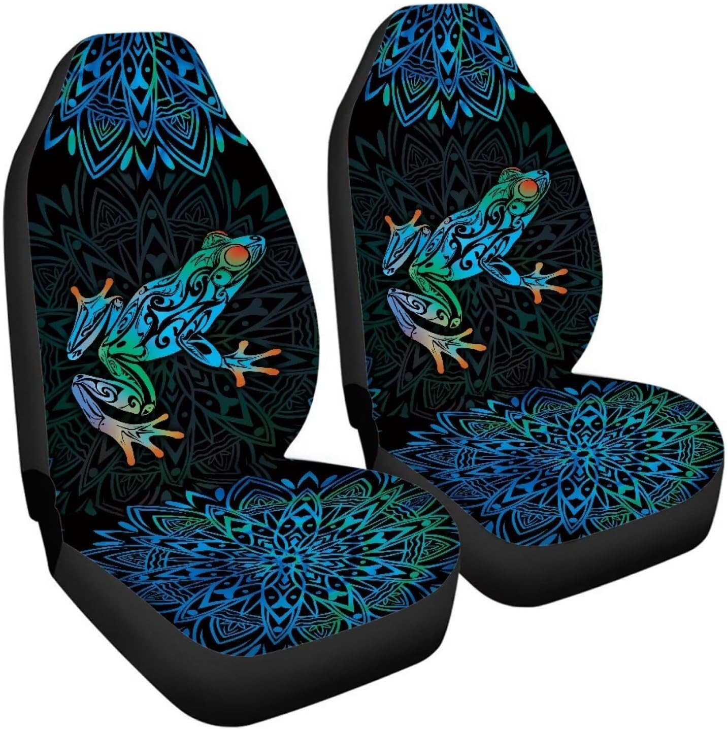 Boho Mandala Frog Pattern 2Pcs Car Seat Covers Auto Front Bucket Seat Covers Vehicle Front Seats Decor Universal Fit Most Truck SUV Car Accessories