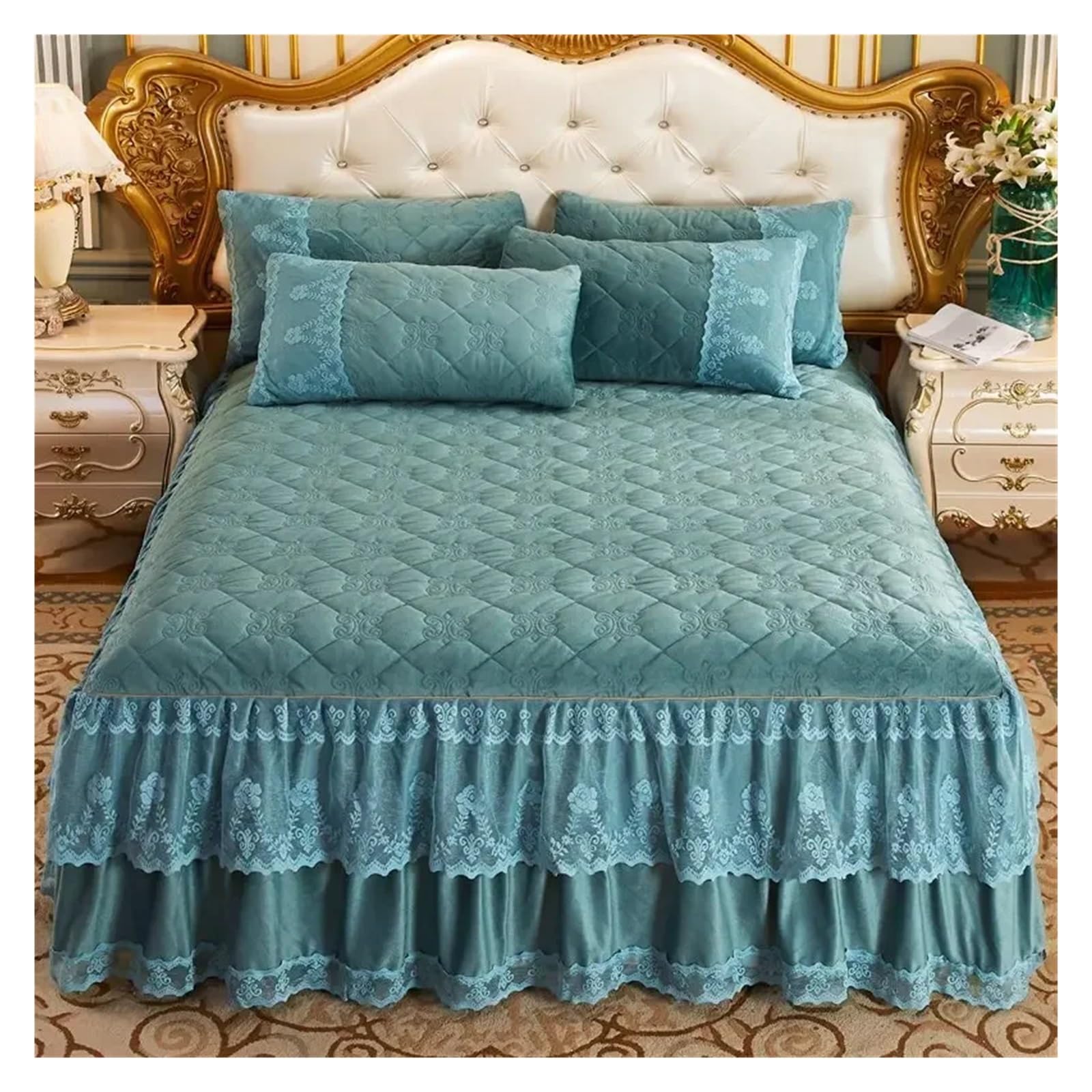 Faldón de cama de terciopelo acolchado King con acabados de encaje clásico