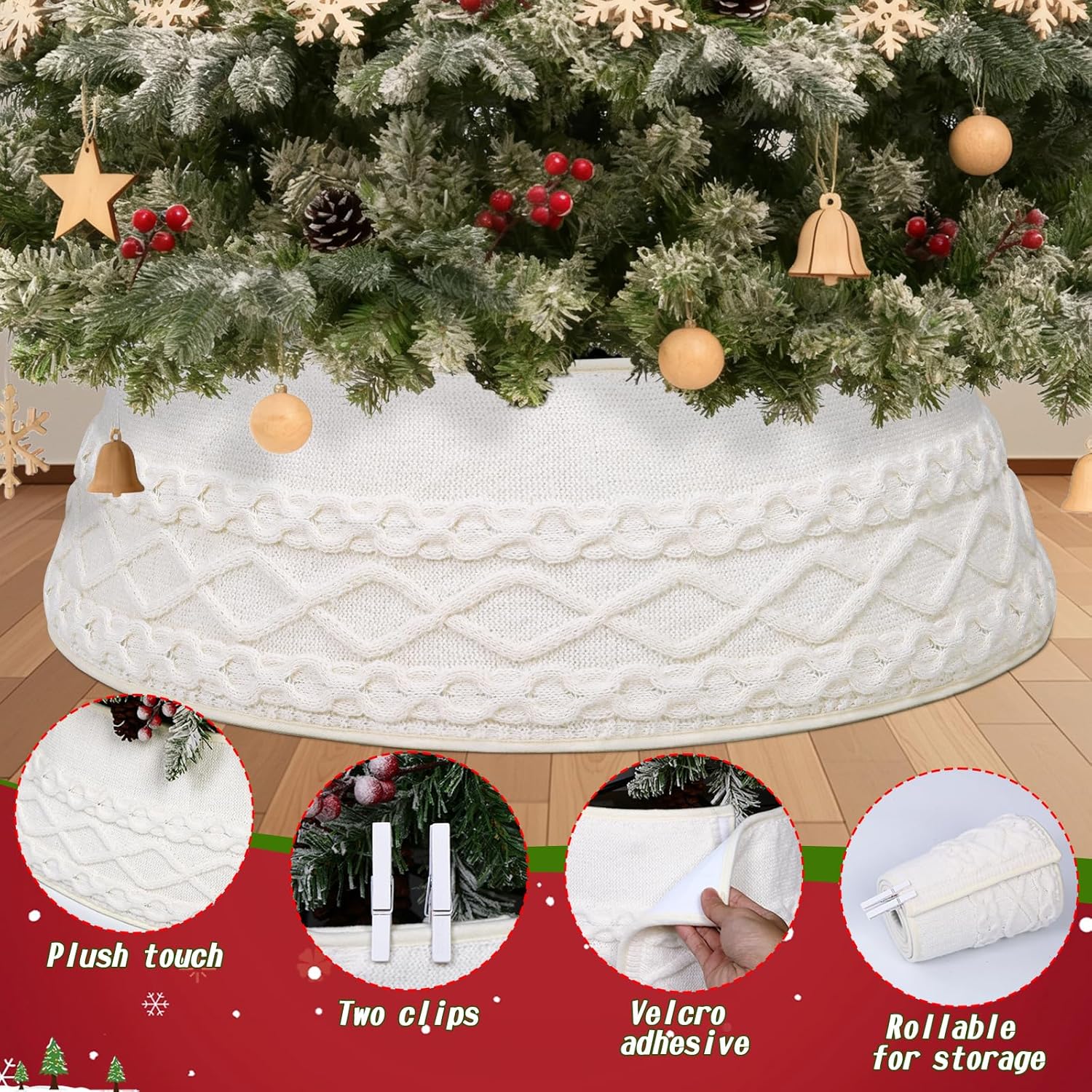 Knitted Christmas Tree Collar, Cable Knit Christmas Tree Skirt Xmas Tree Stand Base Cover Rustic Handmade Tree Ring Tree Skirt for Artificial Trees Christmas Farmhouse Home Decor (White)