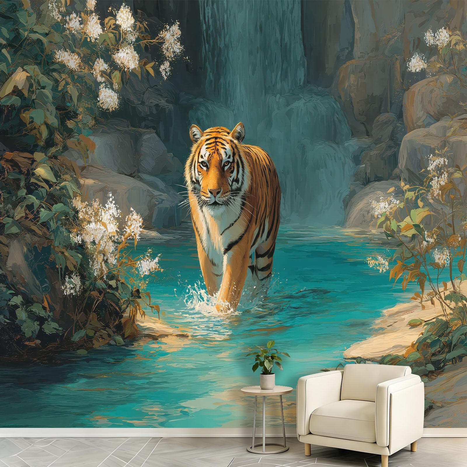 Générique Tapeta z włókniny z naturalnego kwiatu dżungli, 200 x 140 cm, tapeta z motywem zwierzęcia 3D tygrys panoramiczny obraz, łatwa do zainstalowania dekoracja ścienna do salonu, sypialni, kuchni