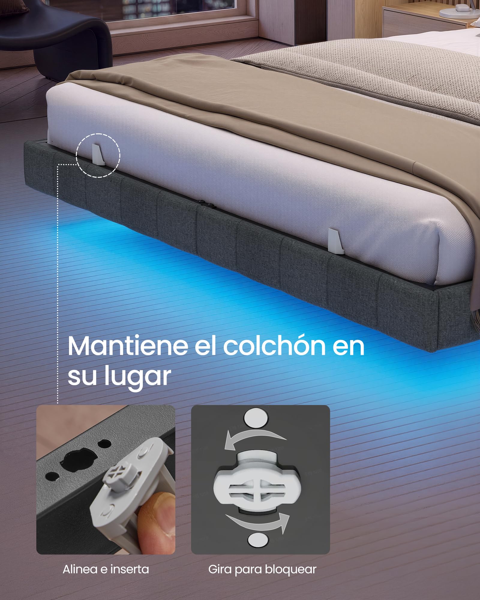VASAGLE Marco de Cama Flotante, 160 x 200 cm, Bordes Acolchados, LED, 2 Tomas de Corriente, 1 Puerto USB-A, 1 Puerto USB-C, 1 Puerto USB-A Posterior, Carga de 500 kg, Gris Pizarra RMB165G101 | Cama sin cabecero, puertos USB y enchufes, diseño de metal sól