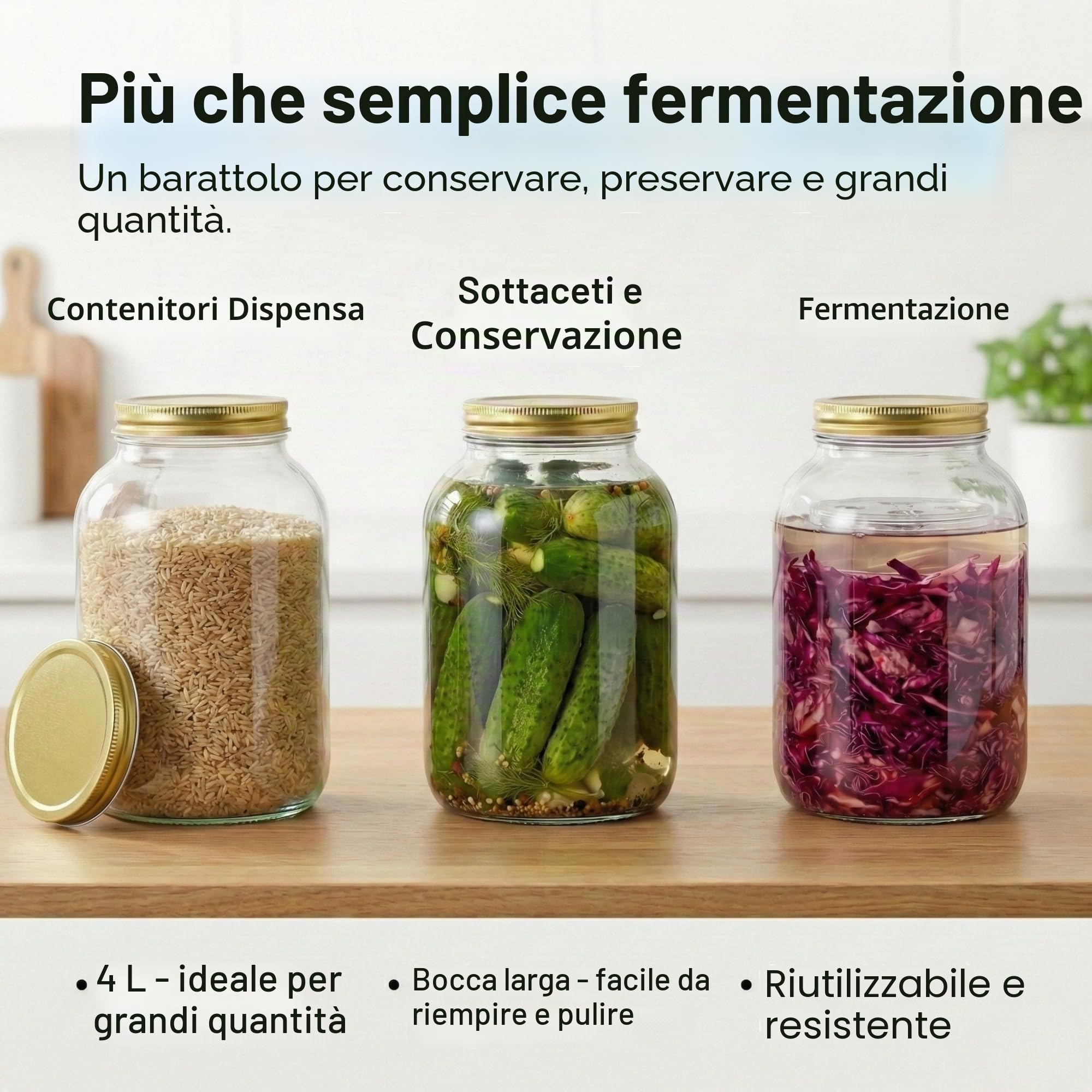 myFERMENTS - Set di 2 barattoli in vetro 4,25L con coperchi | Vaso per conservazione e fermentazione | Vasetto largo per crauti, kimchi, kombucha | Vetro senza piombo, incolore, vetro