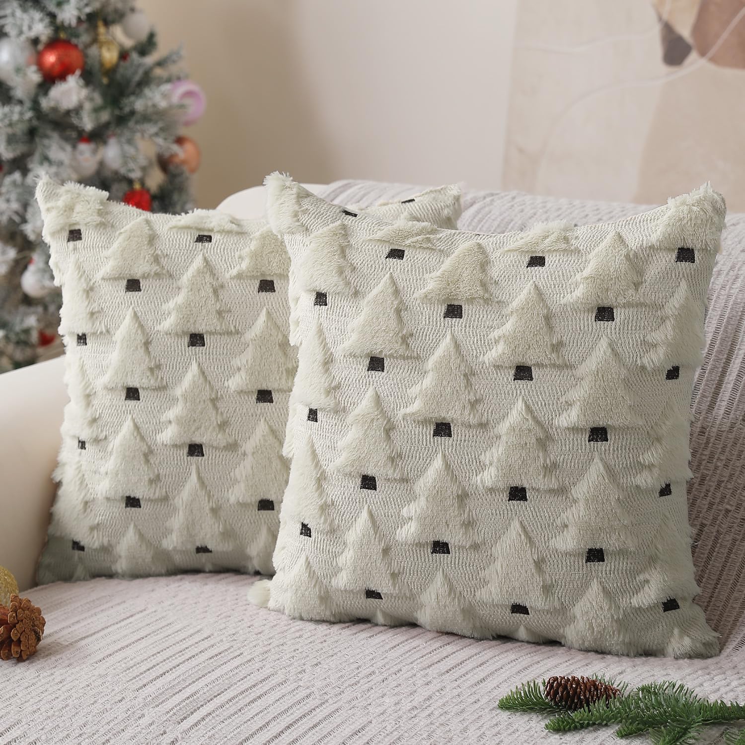 Allorry Christmas Pillow Covers 18x18 inch Set of 2 Christmas Decorations Soft Plush Faux Fur Wool Beige Xmas Tree Throw Pillow Cases Winter Holiday Decor for Sofa Living Room PT-012R18