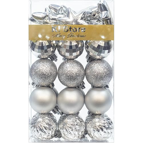 KI Store Silver Christmas Balls 34pcs 1.57-Inch Small Christmas Tree Decoration Ornaments for Xmas Tree Holiday Wreath Garland Decor Ornaments Hooks Included