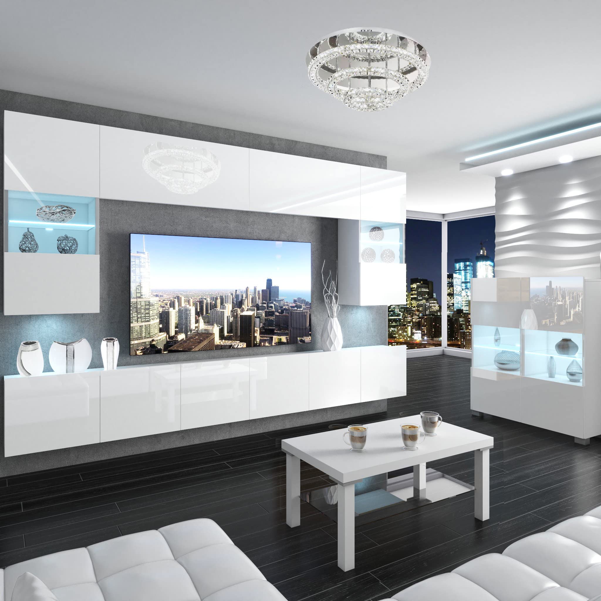 BELINI - Unité Murale TV NEX I Ensemble Muebles de Salon Complet I Ensemble Meuble TV avec Illumination LED I Dimensions: 300 x 180 x 36 cm I Coleur: Blanc très Brillant