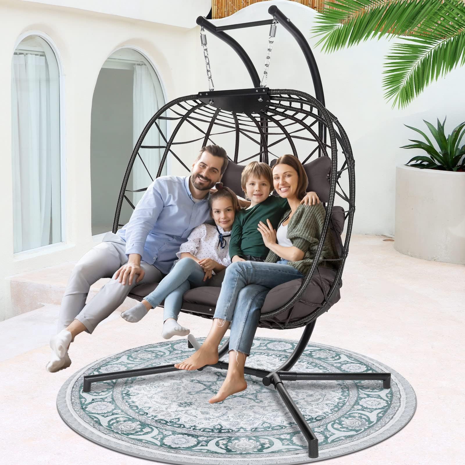 NICESOUL Double Egg Swing Chair with Stand, Oversized 2-Person Indoor Outdoor Hanging Hammock Chairs with Cushion, Wide and Large Comfy Loveseat,