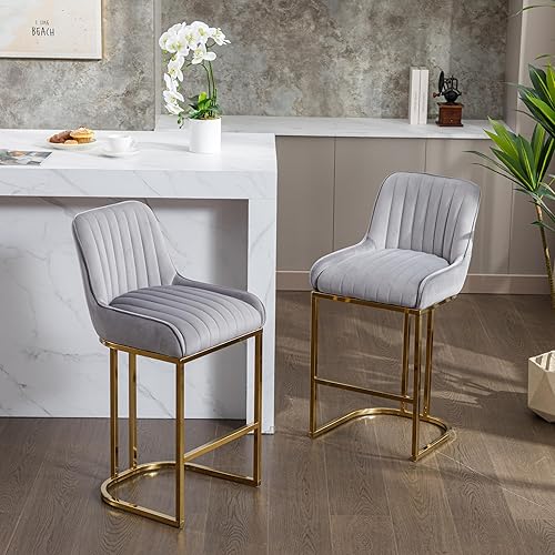 Miniatura 27 de Juego de 2 taburetes de bar de terciopelo beige de 26 pulgadas, modernos taburetes de mostrador con respaldo/patas doradas, sillas de bar tapizadas,