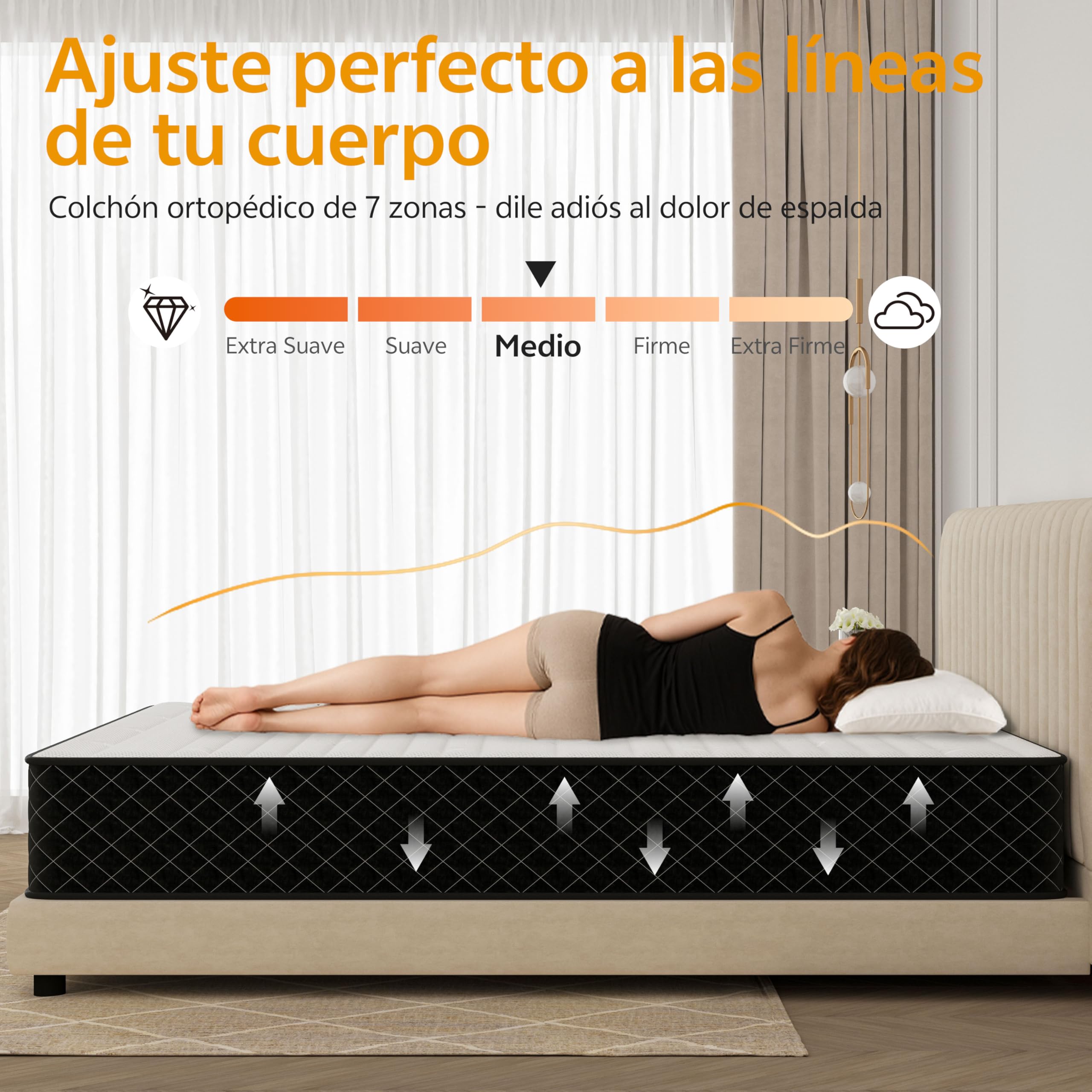 PurrJoys Colchón híbrido 140x200 cm, Altura 25 cm, Muelles ensacados H3 & H4, 7 zonas ergonómicas, transpirable, certificado Oeko-TEX®, para quienes duermen de lado y boca arriba, 100 noches de prueba