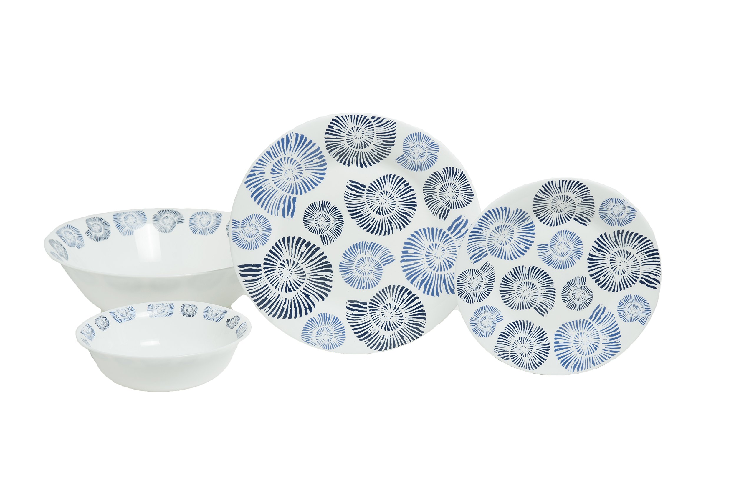 Galleyware Company Nautilus Shell 13 Piece Tempered Glass Dinnerware Set, Dark Blue/Black/White