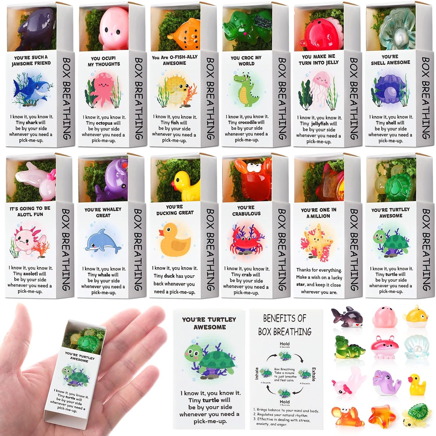 60 Sets Employee Appreciation Gift Box Bulk Mini Resin Sea Ocean Animals Breathing Gift Bulk Emotional Support Positive Box for Staff Coworkers Team Mental Health Care