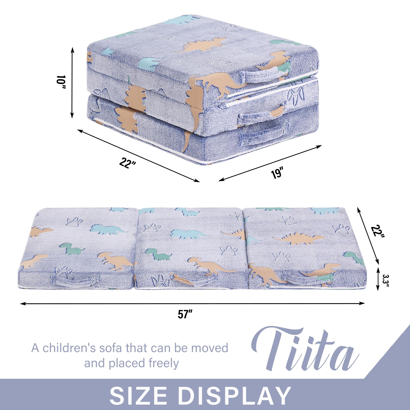 Colchón de piso triple para niños, futón que brilla en la oscuridad con funda extraíble, tapete portátil de espuma para siesta con bolsa de almacenamiento para niñas y niños, dinosaurio azul 3