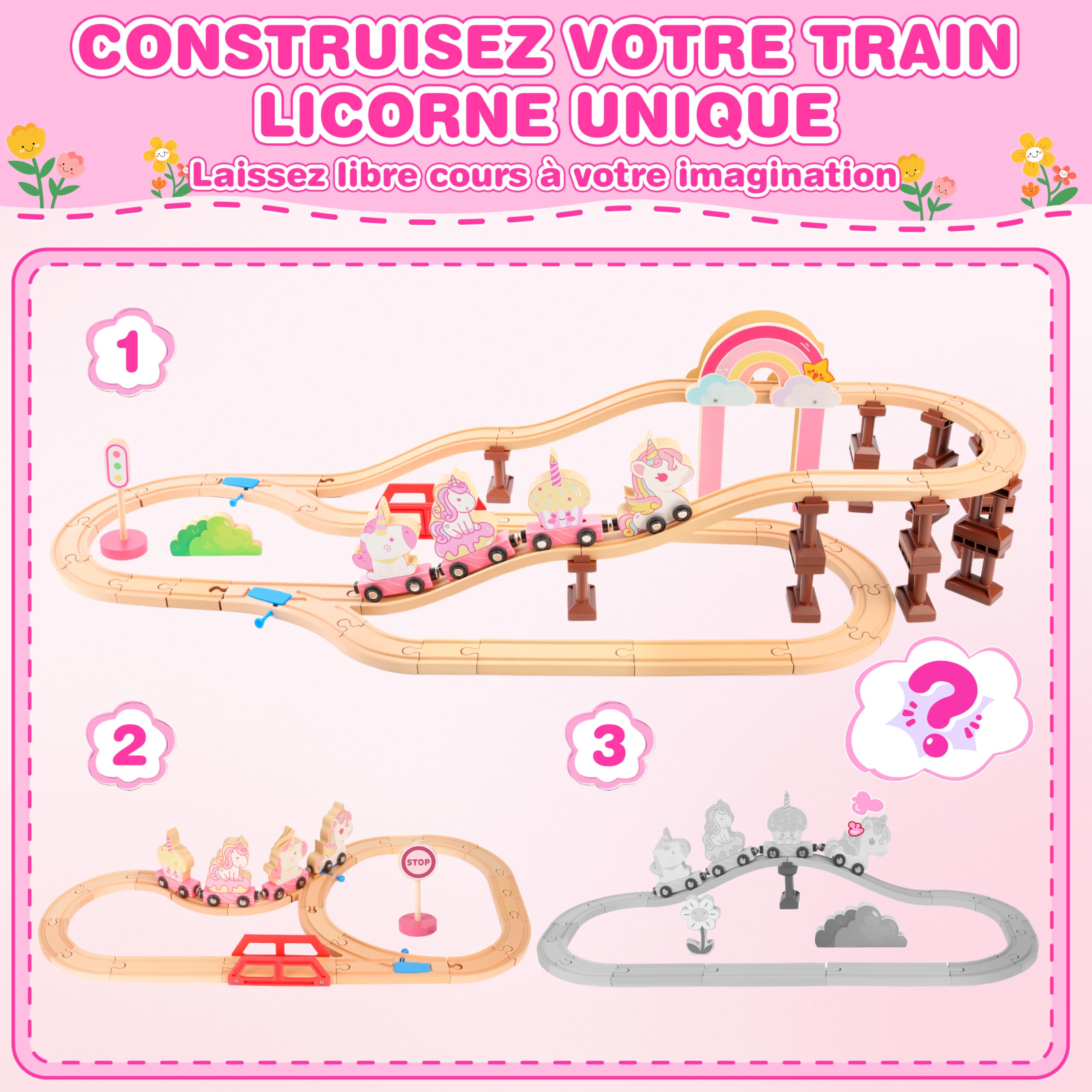 MOMOSTAR 74 Pièces Thème Licorne Rose Circuit Train Bois Enfant, Licorne Cadeau Fille 3 4 5 Ans Comprend des Ornements Tels Que des Châteaux, des Licornes Et des Princesses, Jouet Fille 3-5 Ans