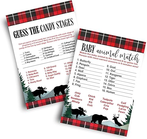 Paper Clever Party Lumberjack Baby Shower Candy Match y juegos a juego de animales, rojo rústico y negro, tarjetas de doble cara de 5 x 7, 25