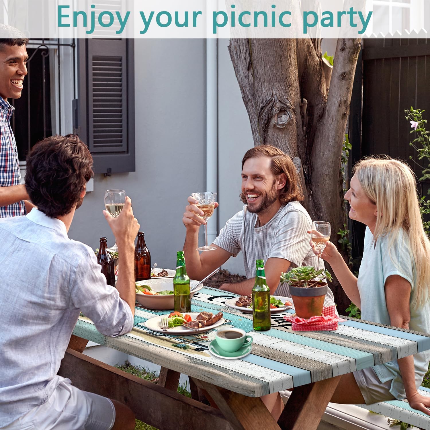 3 PCS Picnic Table Cover with Bench Covers, Camping Essentials, Cute RV Theme Wood Grain Design Waterproof Windproof Oilproof Fitted Tablecloth Cover with Elastic Edge for Outdoor Garden 30x96 Inch