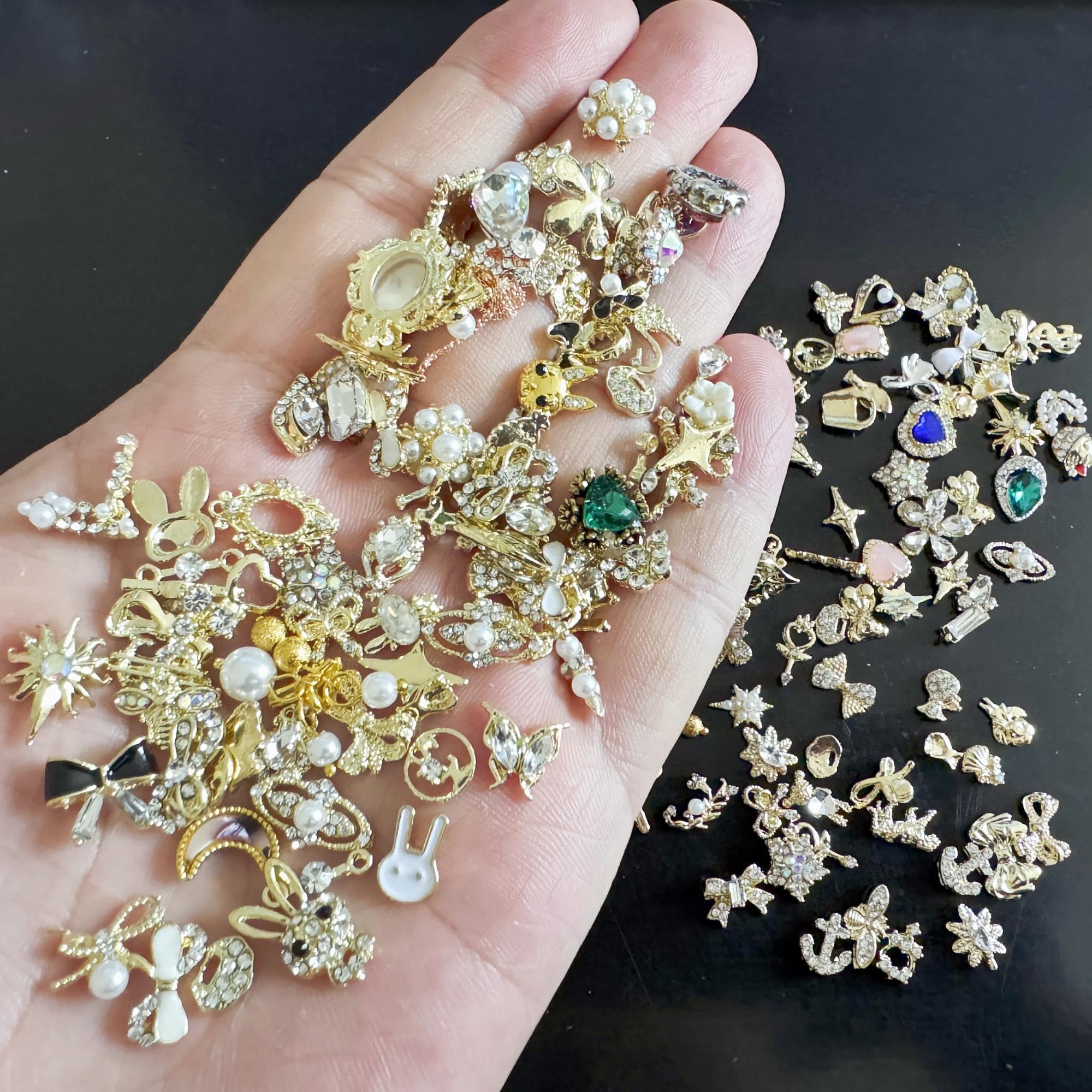 Gold Nail Charms,50PCS Mixed 3D Pearl Rhinestones Bowknot Luxury Metal Nail Art Charms,Alloy Nail Gems Nail Decorations for DIY Manicure Design Nail Art Jewelry Making (B Mixed Pattern Gold) - Image 3
