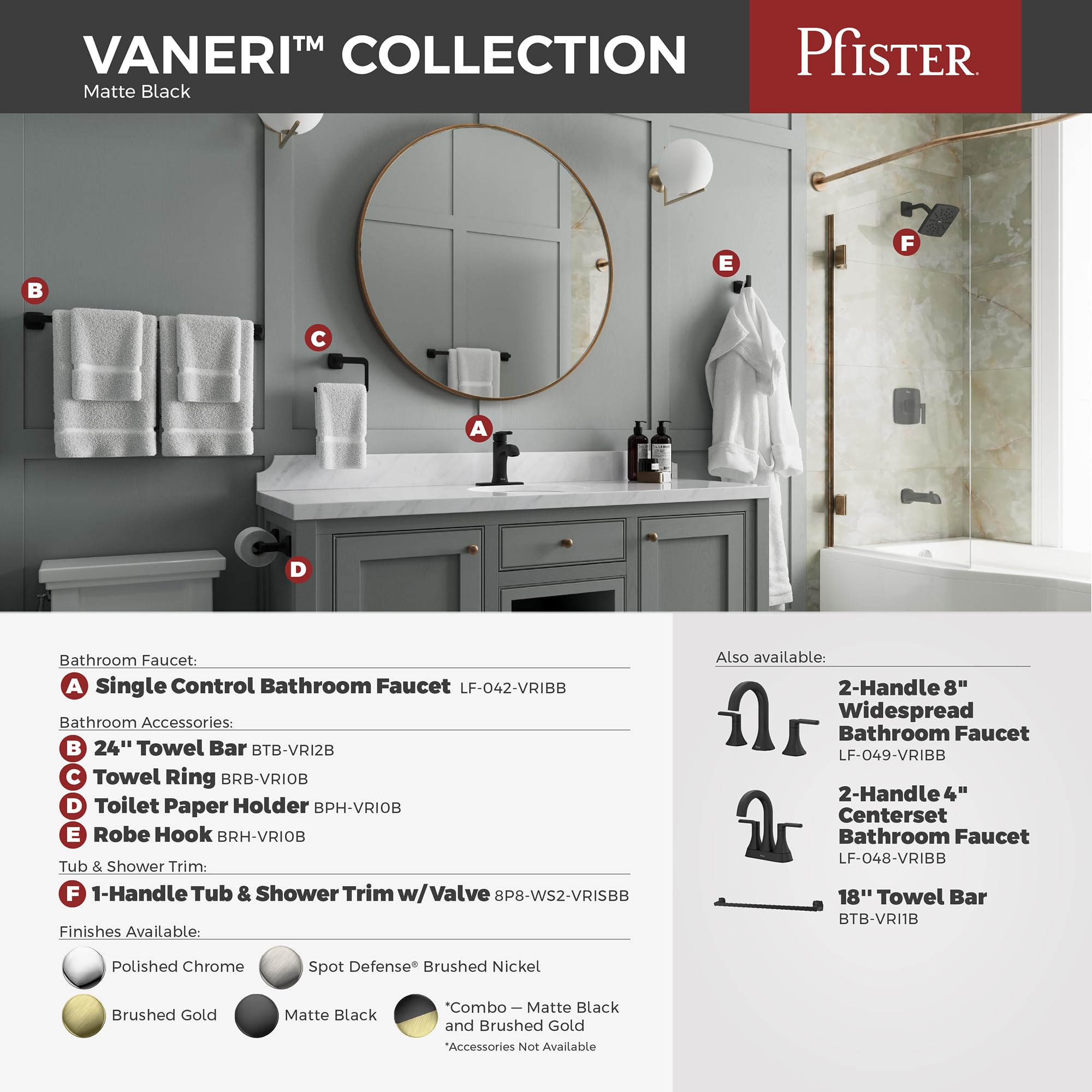 Pfister Vaneri LF048VRIBB bateria łazienkowa do umywalki, 10 cm środkowy, 2-uchwytowy, 3-otworowy, matowe czarne wykończenie, 10 cm