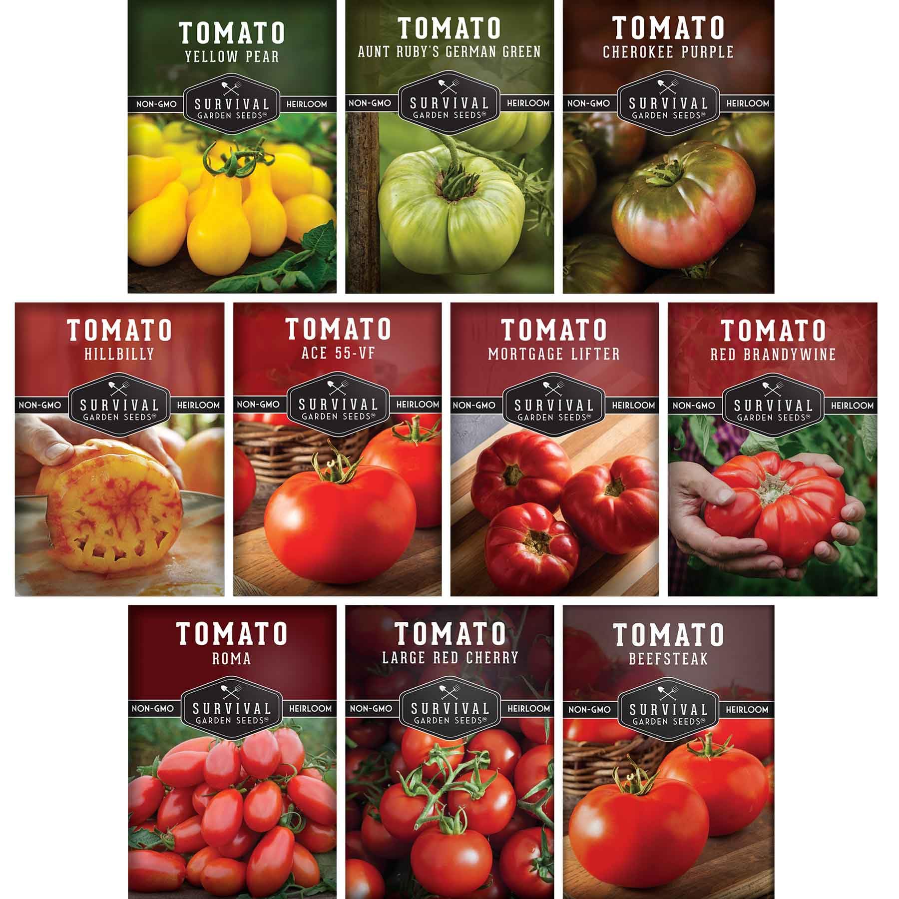 Tomato Seeds 10 Variety Pack for Planting - Cherokee Purple, Roma, Cherry, Aunt Ruby's Green, Hillbilly, Mortgage Lifter, Brandywine, & More - Non-GMO Heirloom Tomatoes - Survival Garden Seeds