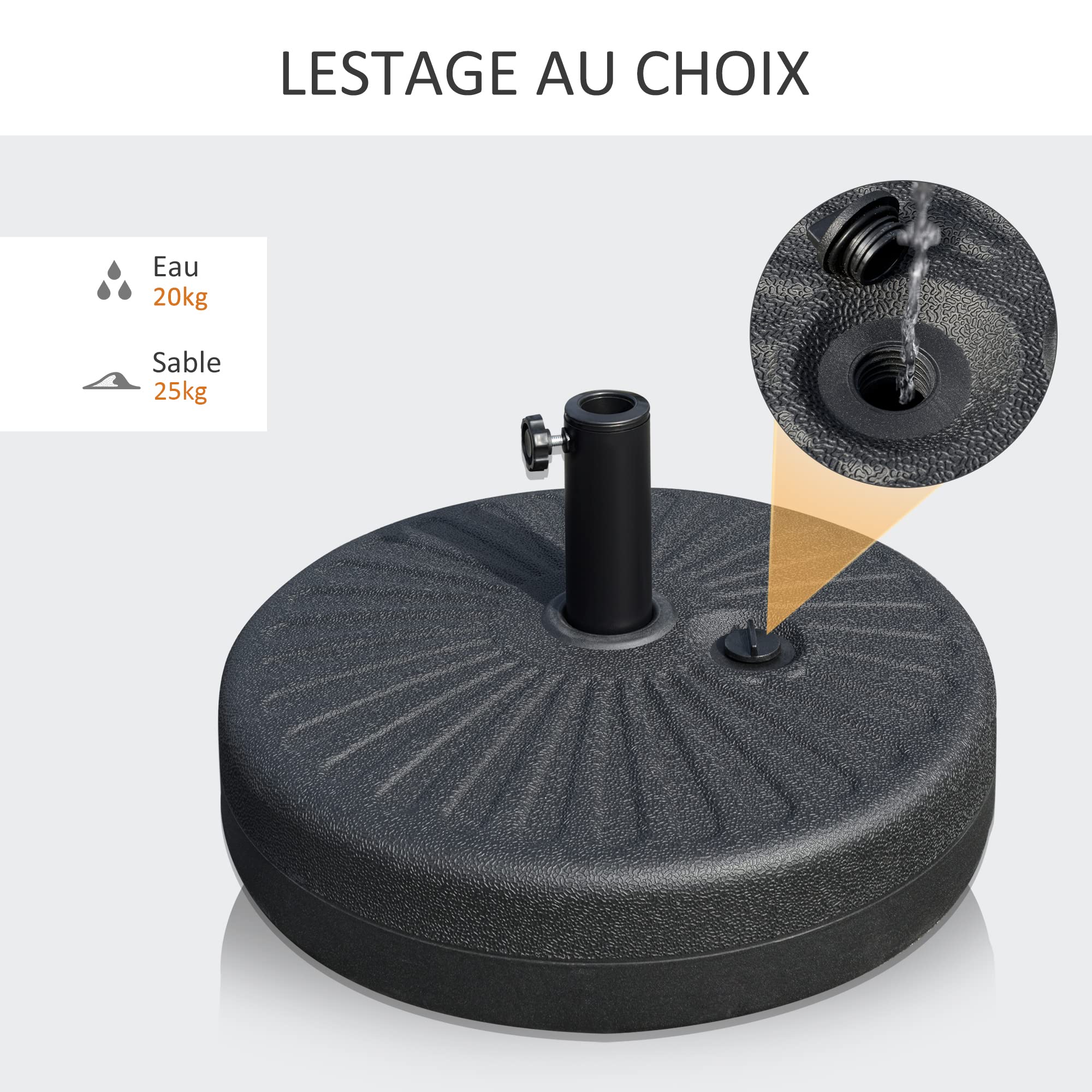 Outsunny Pied de Parasol Rond Socle de Parasol Base de lestage Sable et Eau pour parasols Ø 38/48 mm Acier HDPE dim. 51L x 51l x 30,5H cm Noir