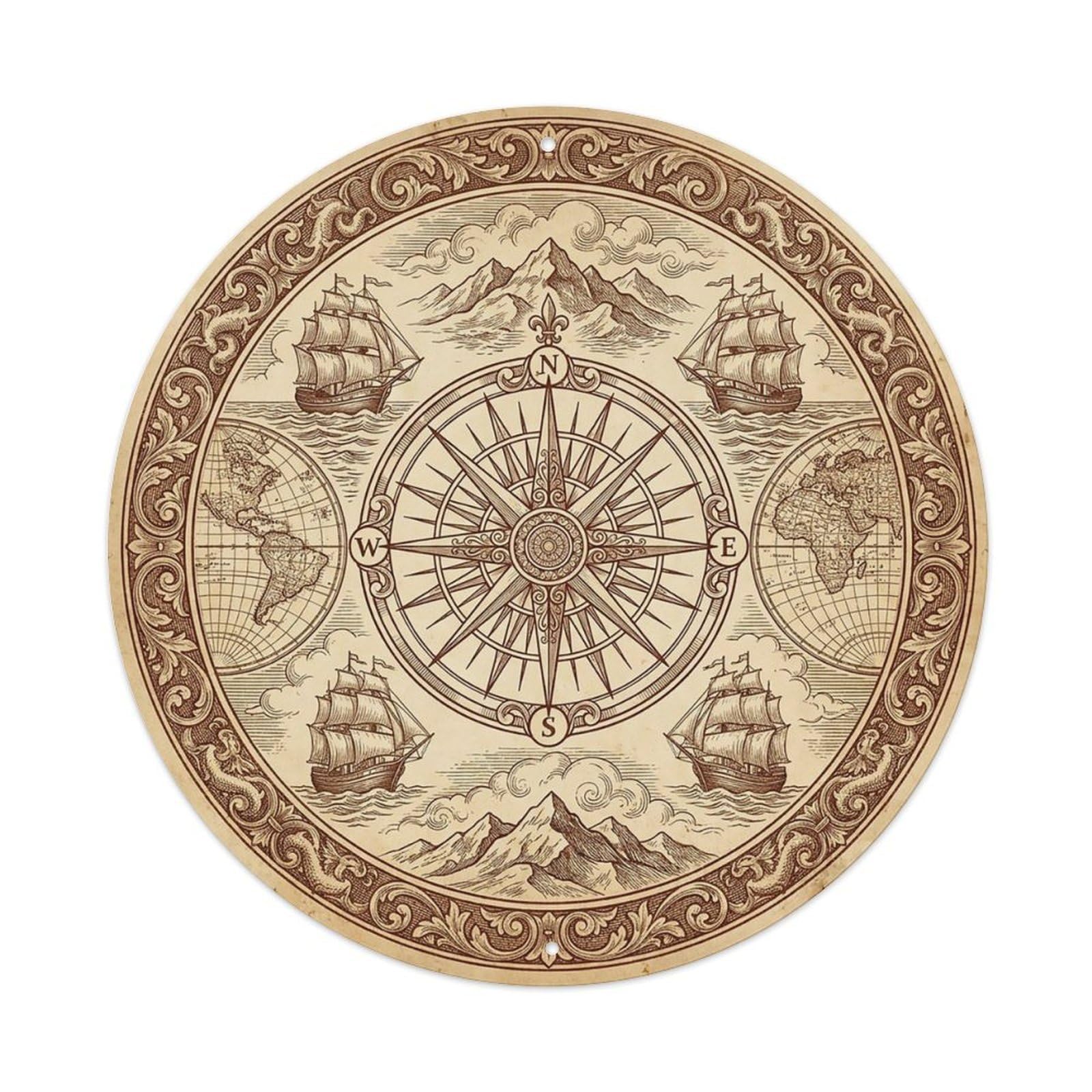 Vintage Nautical Compass World Map Ledger Chronicle Metal Tin Sign
