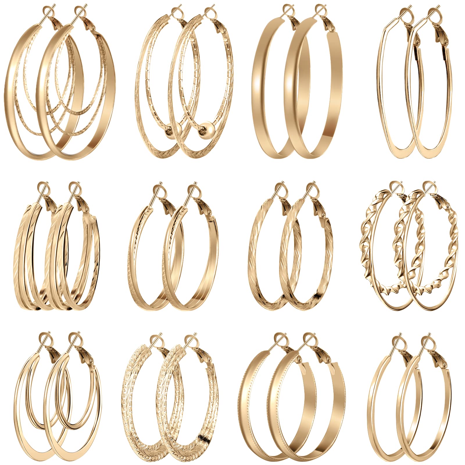 12 Pairs Hoop Earrings for Women Multipack Silver Gold Stainless Steel Lightweight Hoop Earrings Set for Girls