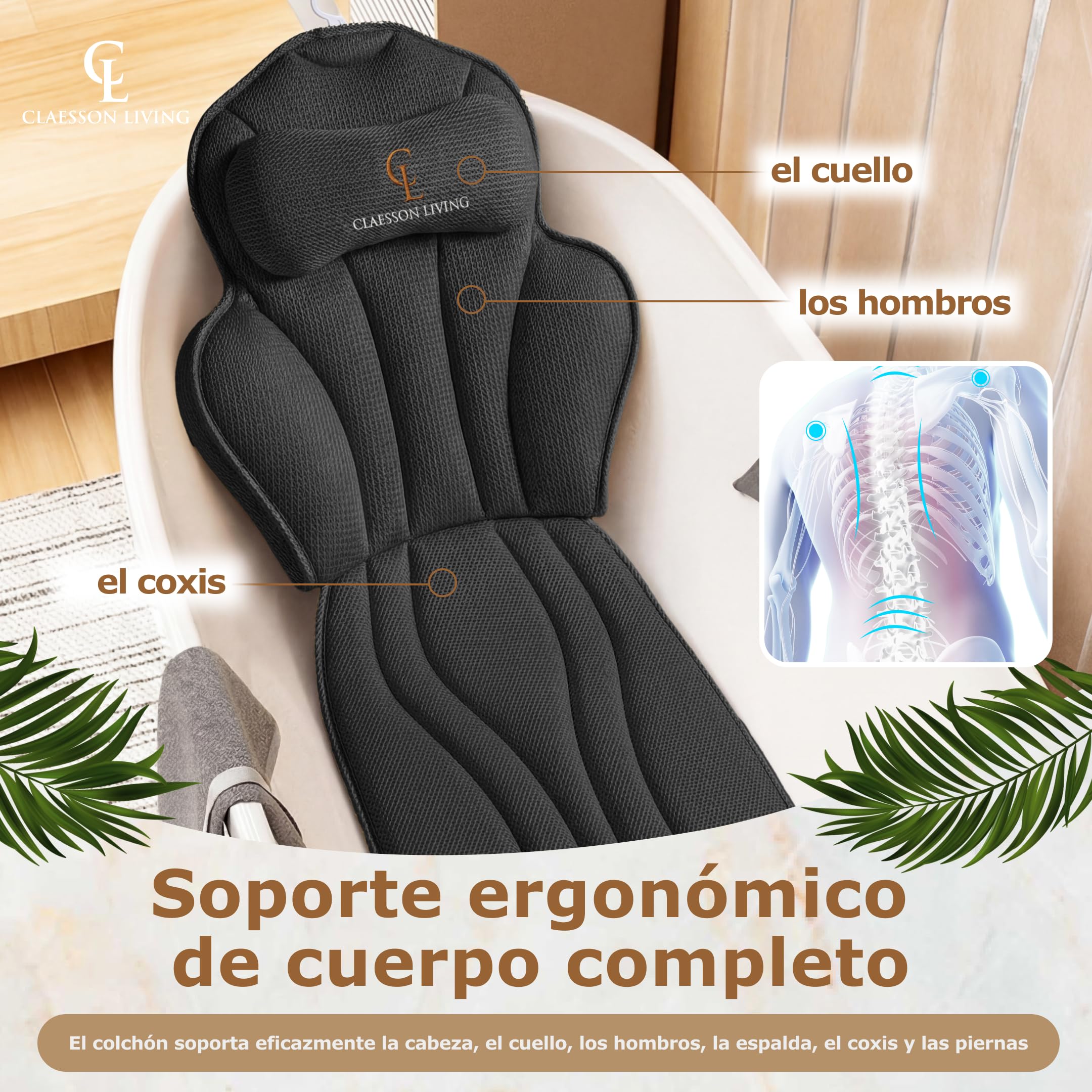 Cojin bañera (152x56cm) - Almohada bañera con apoyacabezas (11cm) y Soportes para el Cuello, Espalda y piernas – Incluye: Bath Pillow, Bolsas de Lavado y de Viaje, Gancho para Secado rápido Negro