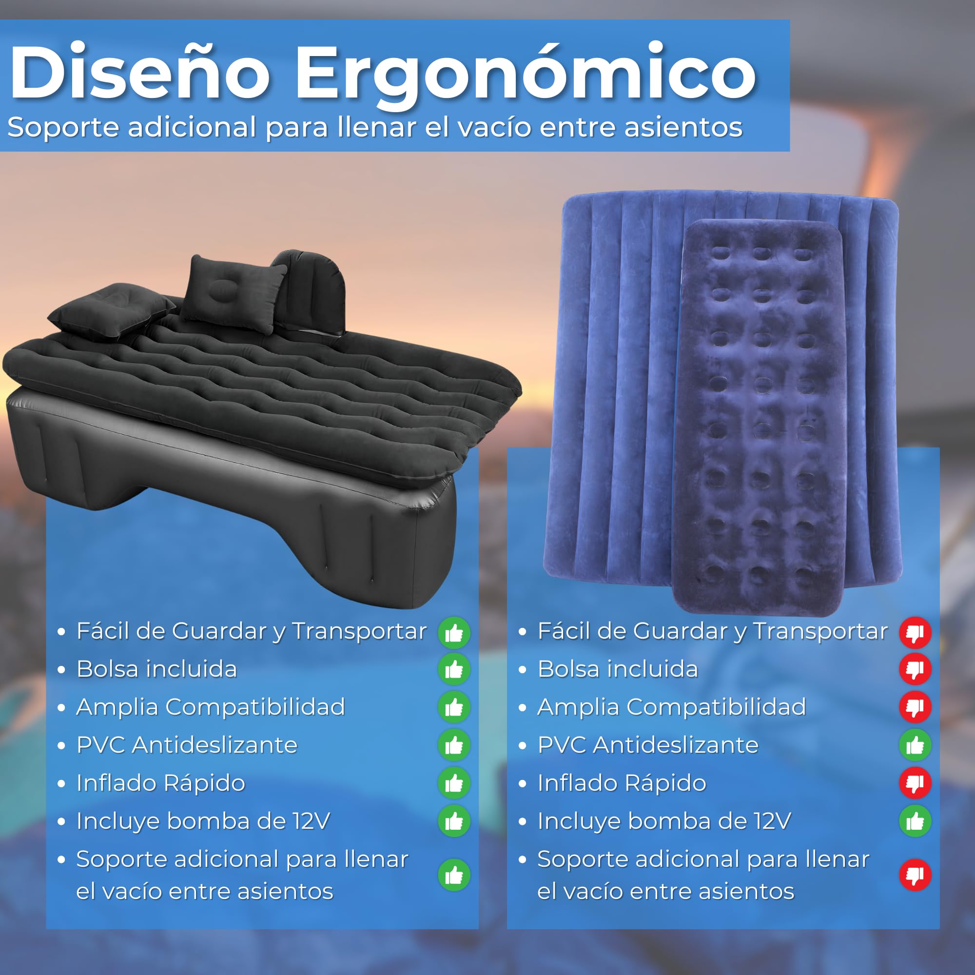 Colchón para Coche Negro con Bomba de Aire Eléctrica - Cama Hinchable para Asientos Traseros