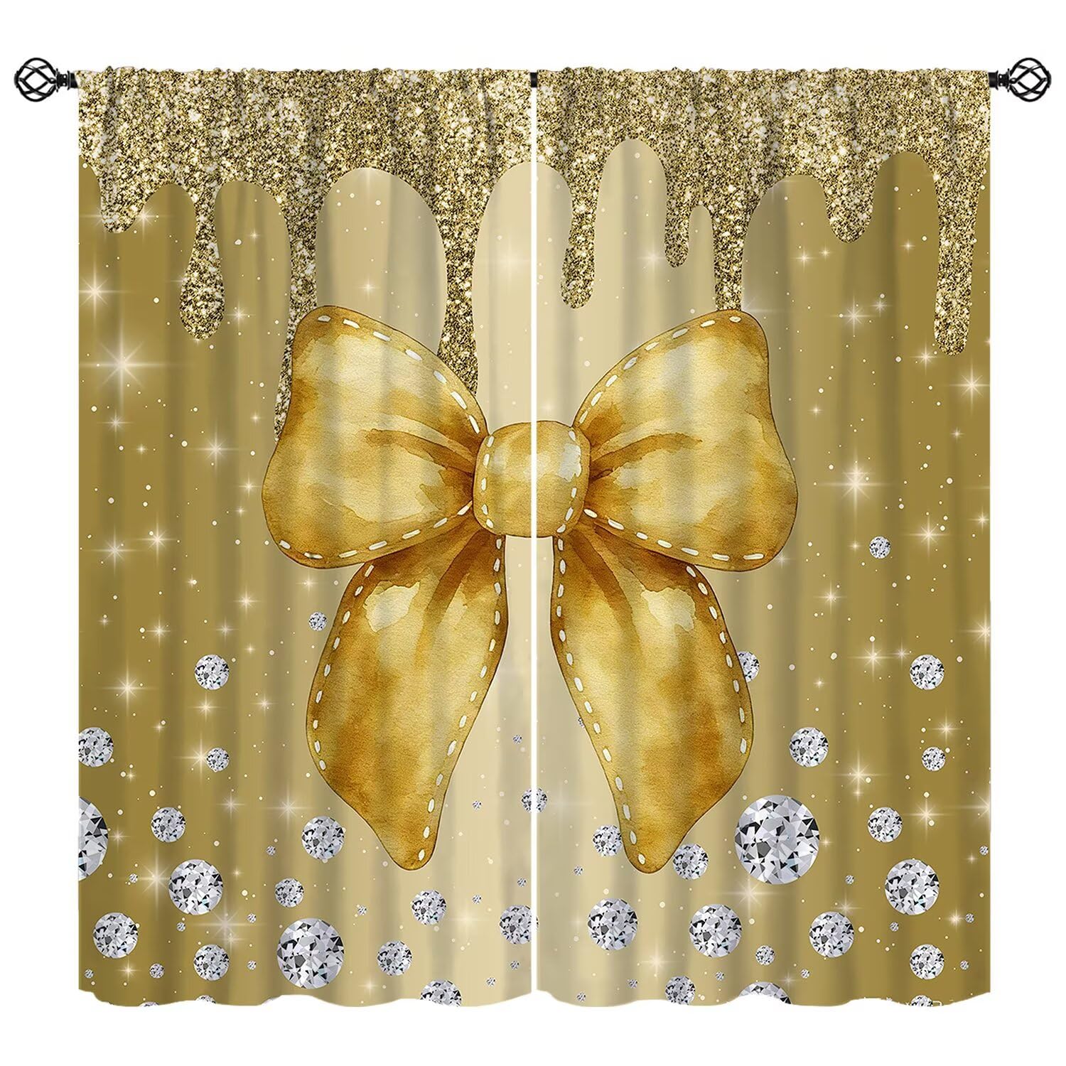 Gold Glitter Bow Curtain Yellow Shiny Diamond Window Treatments Luxury Sparkle Shimmer Bling Drip Modern Window Drapes (No Glitter) for Bedroom Living Room Home W84xL84in