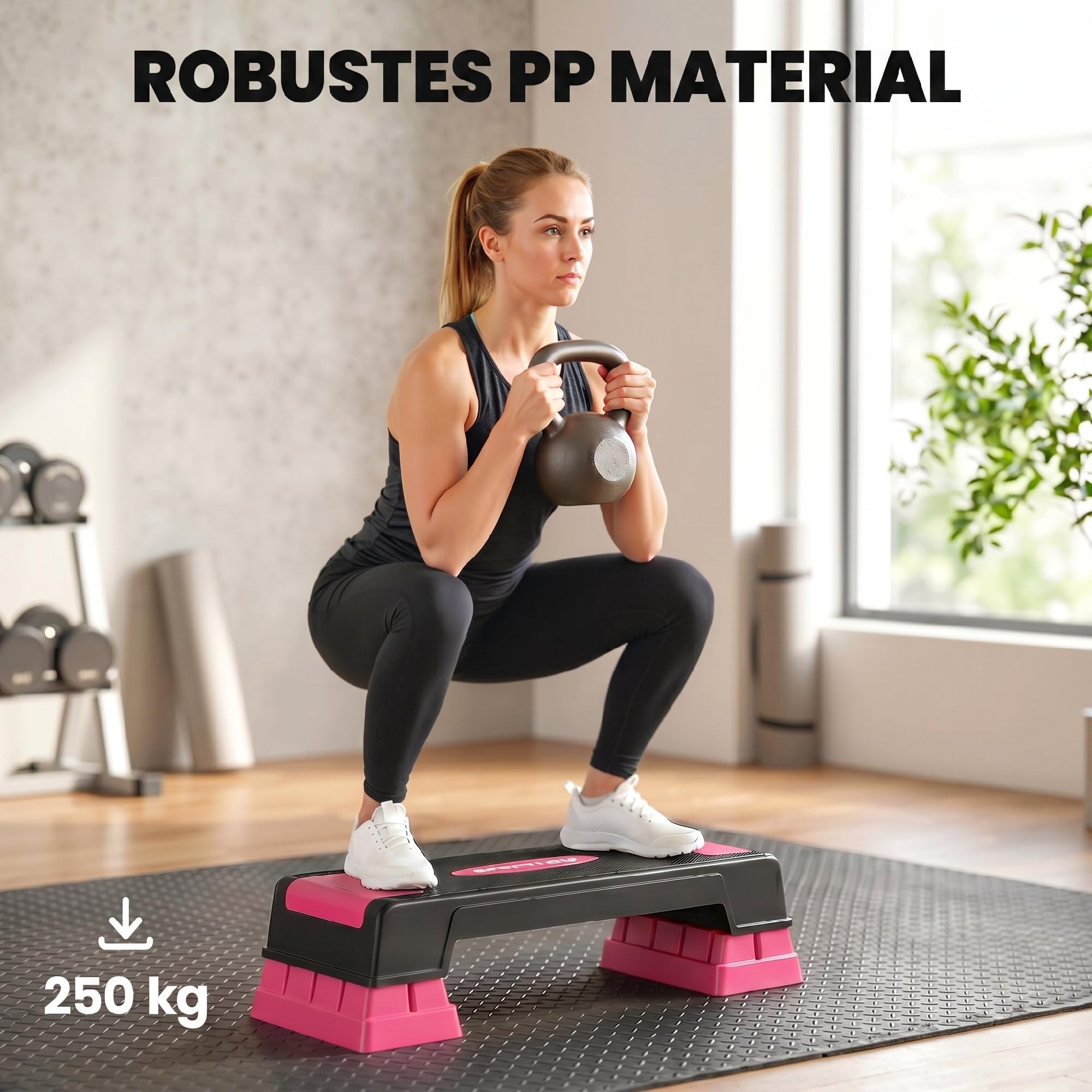 SPORTNOW Steppbrett höhenverstellbar Fitness Aerobic Stepper mit 3 Stufen (12/17,5/22,5 cm), Anti-Rutsch-Matte, Rutschfest Step Bench für Zuhause Fitnessstudio Büro Schwarz+Rosa