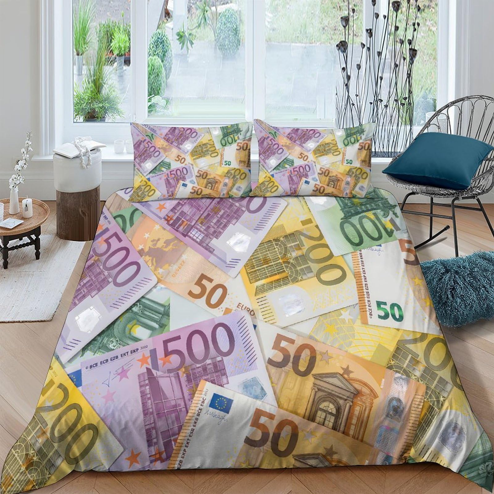 Ctjqhvkz Style-1 3D Printed Euro Banknote Fitted Sheet Microfiber Soft Breathable Money Pattern Bed Cover For Bedroom Dorm Decor Single（135X200cm）