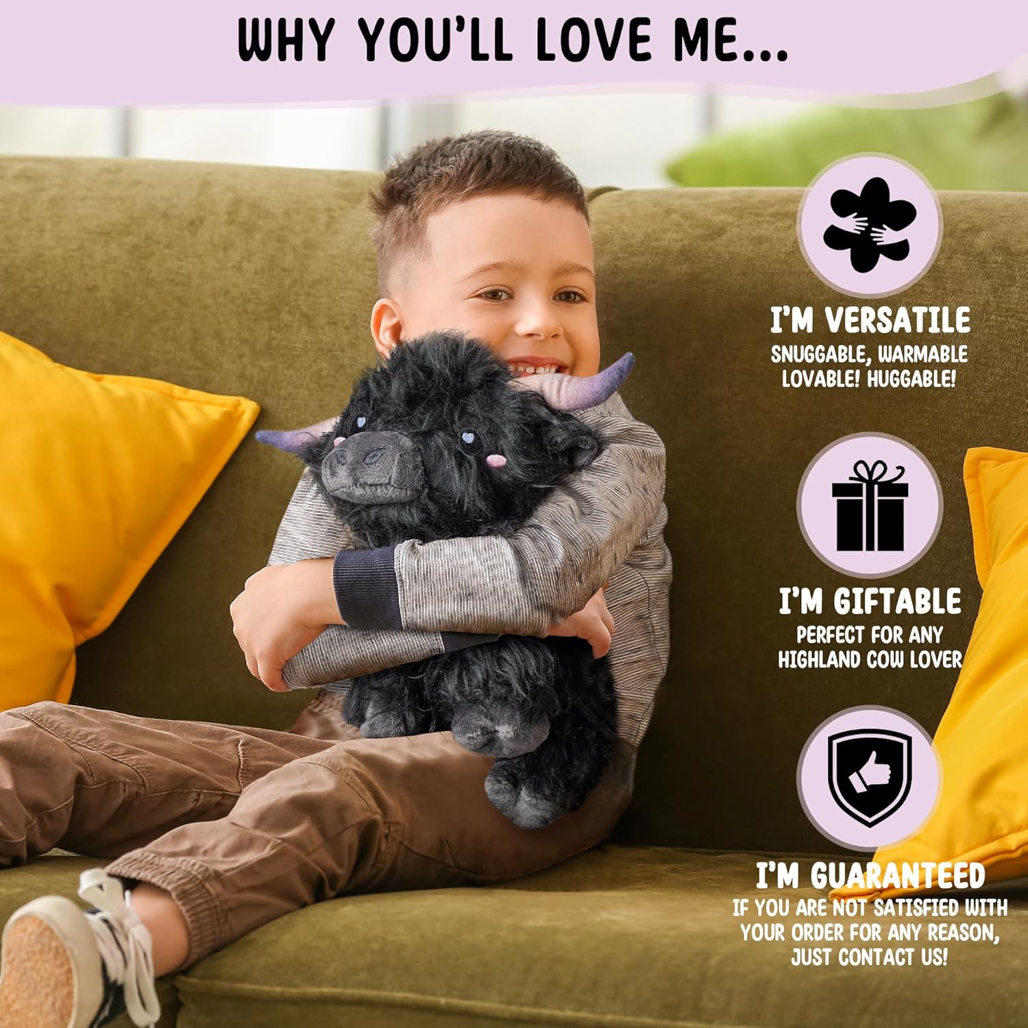 Happy Fuel Highland Cow Microwavable 1.5lbs Unscented Heating Pad for Women & Kids- Cute Soft Cozy Pillow Plush Heatable Warm Stuffed Animals- Kawaii Hot & Cold Plushie Toy- Cow Gifts for Girls & Boys