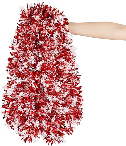 Miniatura 6 de CCINEE Guirnalda de oropel de Navidad de copo de nieve rojo de 32.8 pies, guirnalda metálica de oropel giratorio, decoración de árbol para fiesta,