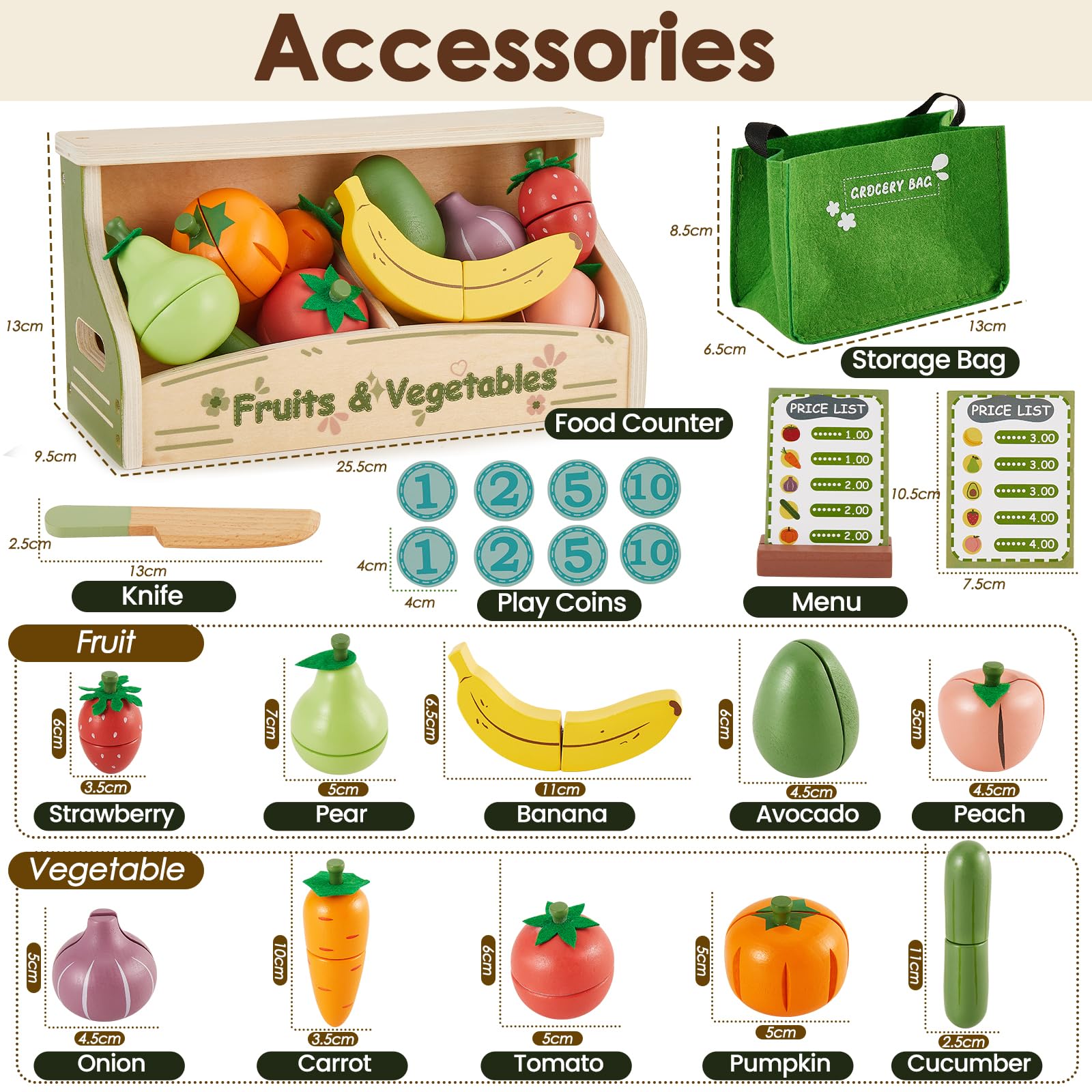 BUYGER Frutas y Verduras Juguete para Cortar, Comida Juguete Cocinita con Mostrador, Alimentos Juguete de Madera para Cocina, Montessori Educativo Regalo Navidad para Niños 2 3 4 5 Años