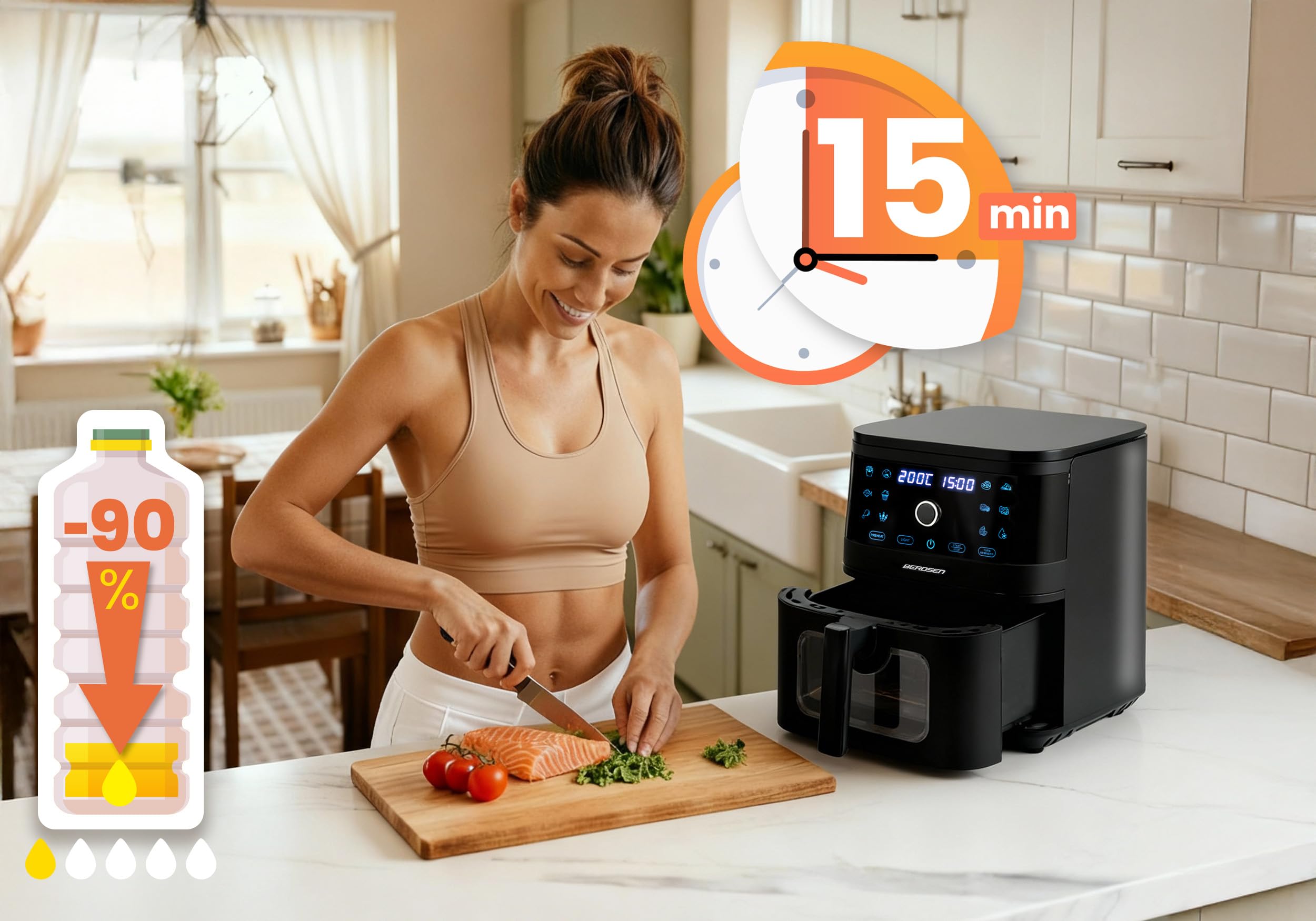 Berdsen Frytkownica Beztłuszczowa XXL 8L - Airfryer z Okienkiem i Ekranem Dotykowym - 1700W - 12 Programów - Zdrowo bez Tłuszczu - Czarna