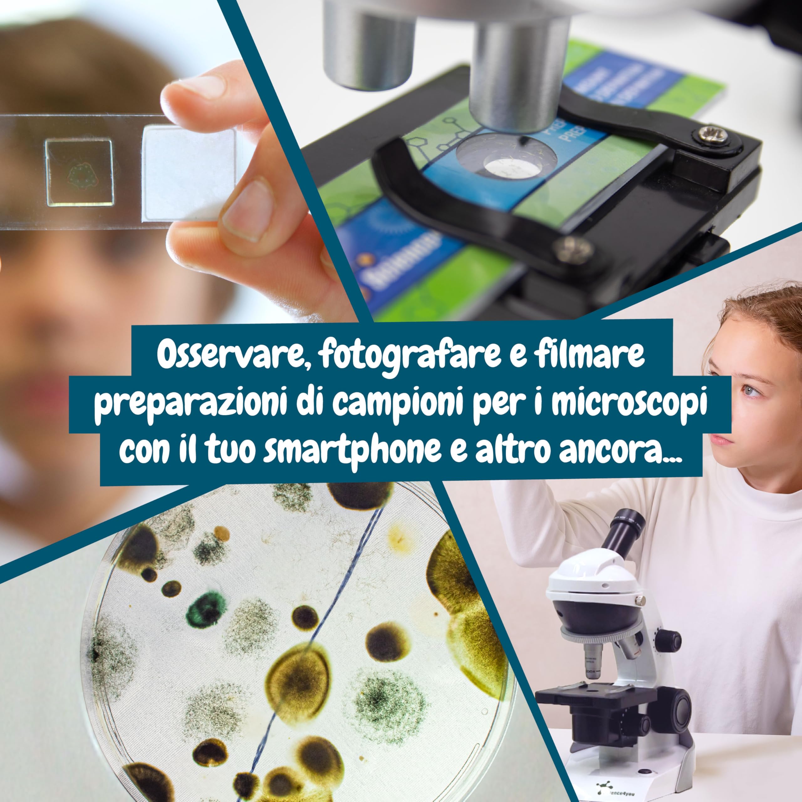 Science4you - Microscopio per Bambini +8 Anni - Laboratorio di Chimica con Vetrini per Microscopio Scientifico, 15 Esperimenti - Adattatore per Cellulare, Giochi Educativi per Bambini da 8-14 Anni
