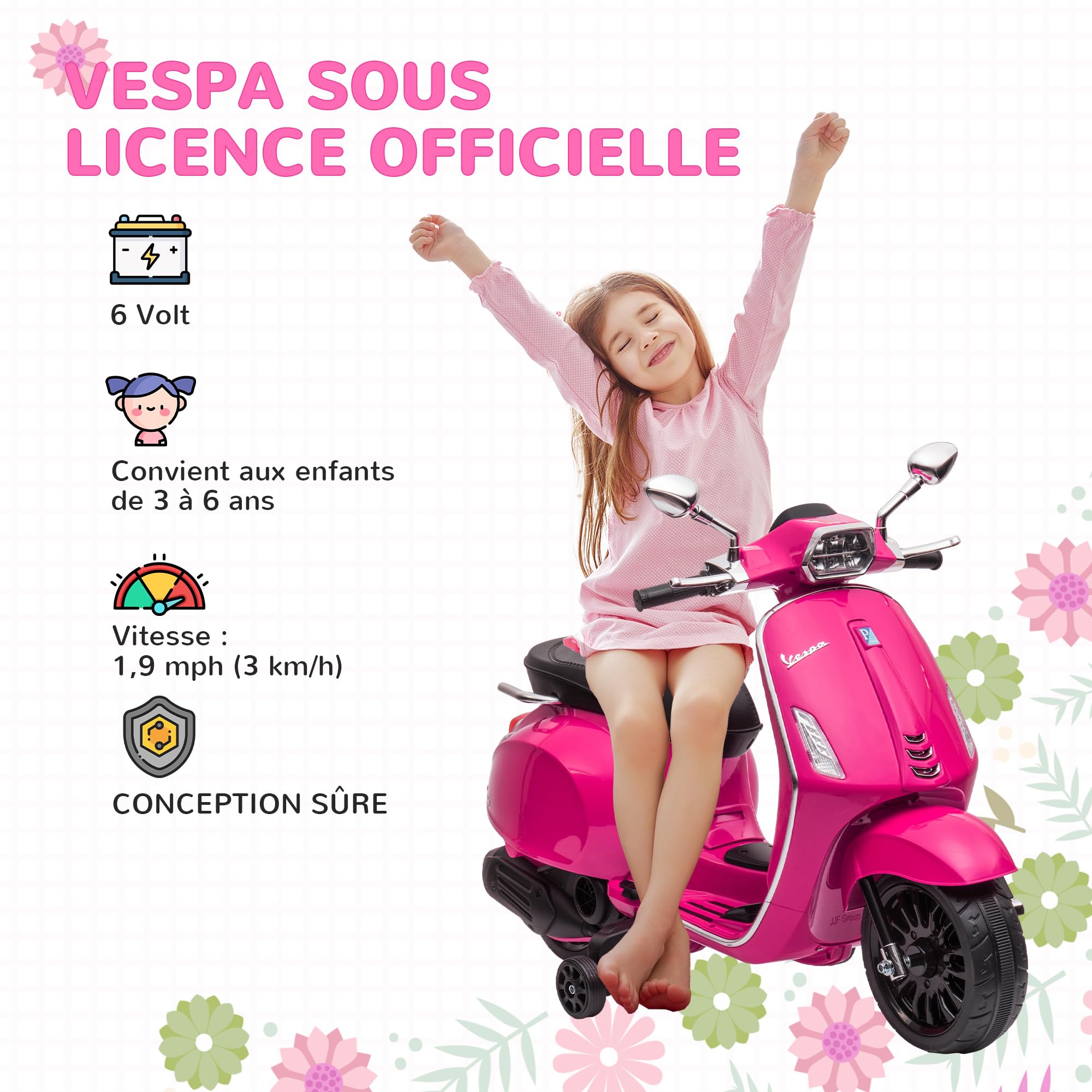 AIYAPLAY Scooter électrique Enfant Vespa 6 V Moto électrique pour Enfants 3-6 Ans dim. 107L x 47l x 73H cm Musique MP3 Port USB Radio FM Phare 2 Roues d'entraînement - Rose