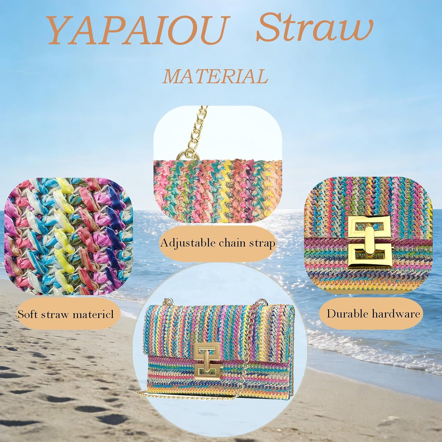 Women Straw Chain Clutch Purse with Fixed Adjustable Chain for Summer Beach Evening Vacation Party