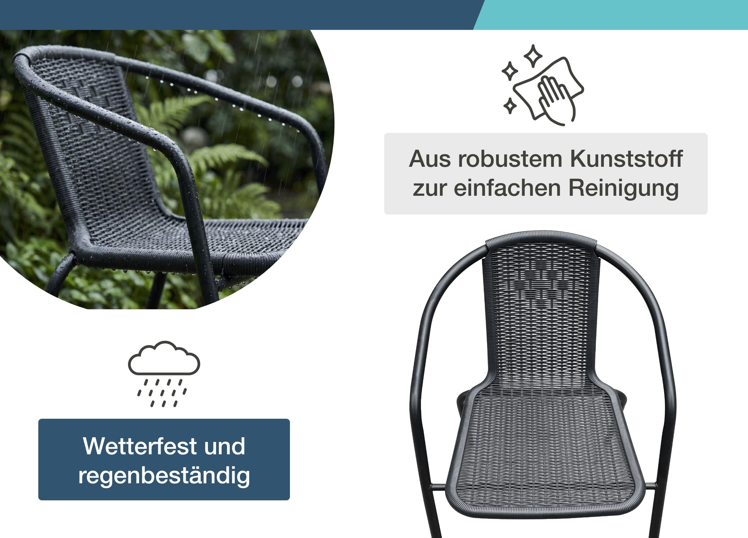 LC Garden Garvista 4er Stuhl Set Bistrostuhl Stapelstuhl, Gartenstuhl, Terassenstuhl, stapelbarer Armlehnstuhl mit Metallgestell in schwarz und Polyrattangeflecht