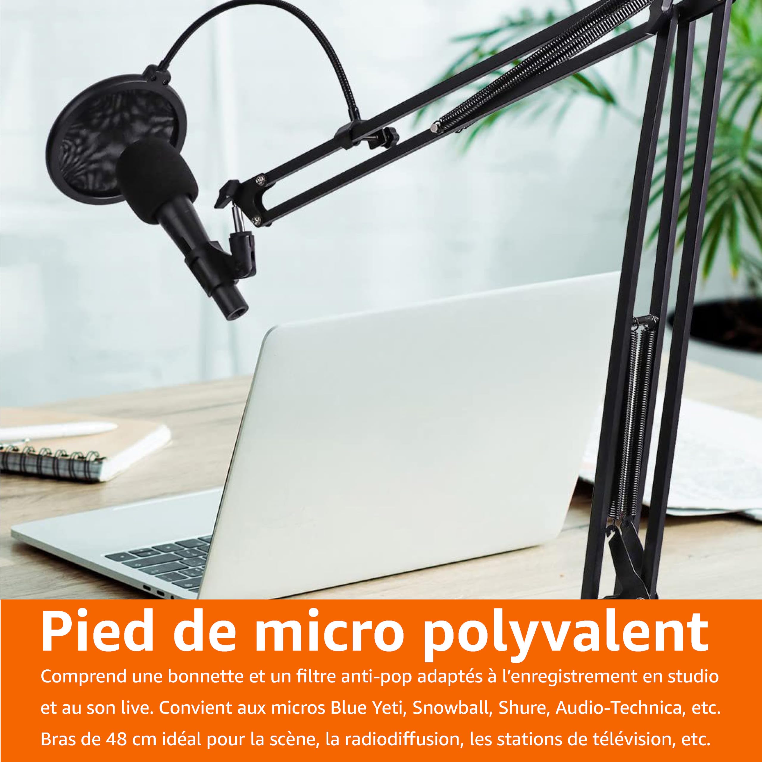 Amazon Basics Bras Articulé pour Microphone Réglable, 48,3cm, Compatible avec Microphones Standard, Tension Réglable, Filtre Anti-Pop et Bonnette Anti-Vent Inclus, Fixation par Pince pour Bureau, Noir