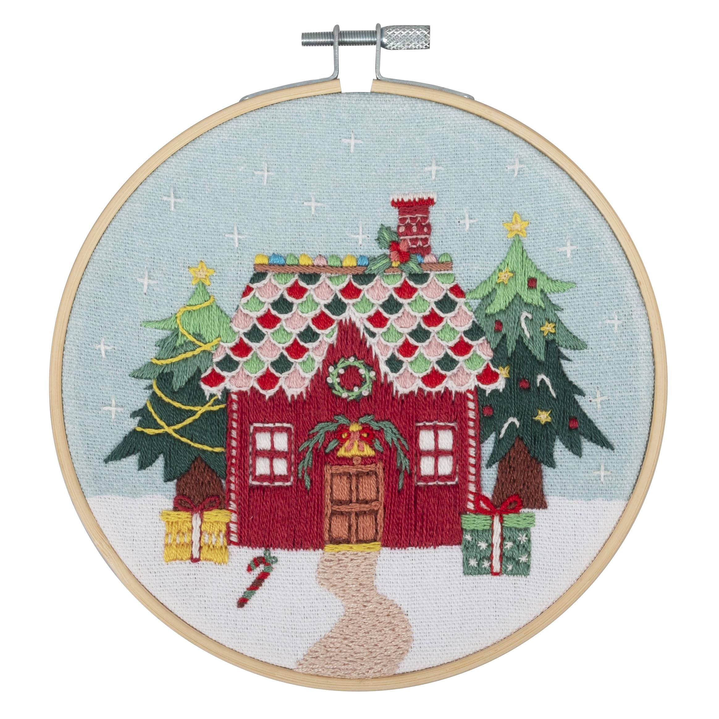Trimits Embroidery Kits - 15cm 6" Embroidery Beginners Kit, Cross Stitch Kits for Adults, Starter Set with Bamboo Hoop, Fabric, Threads, Needle & Backing - Christmas Cottage