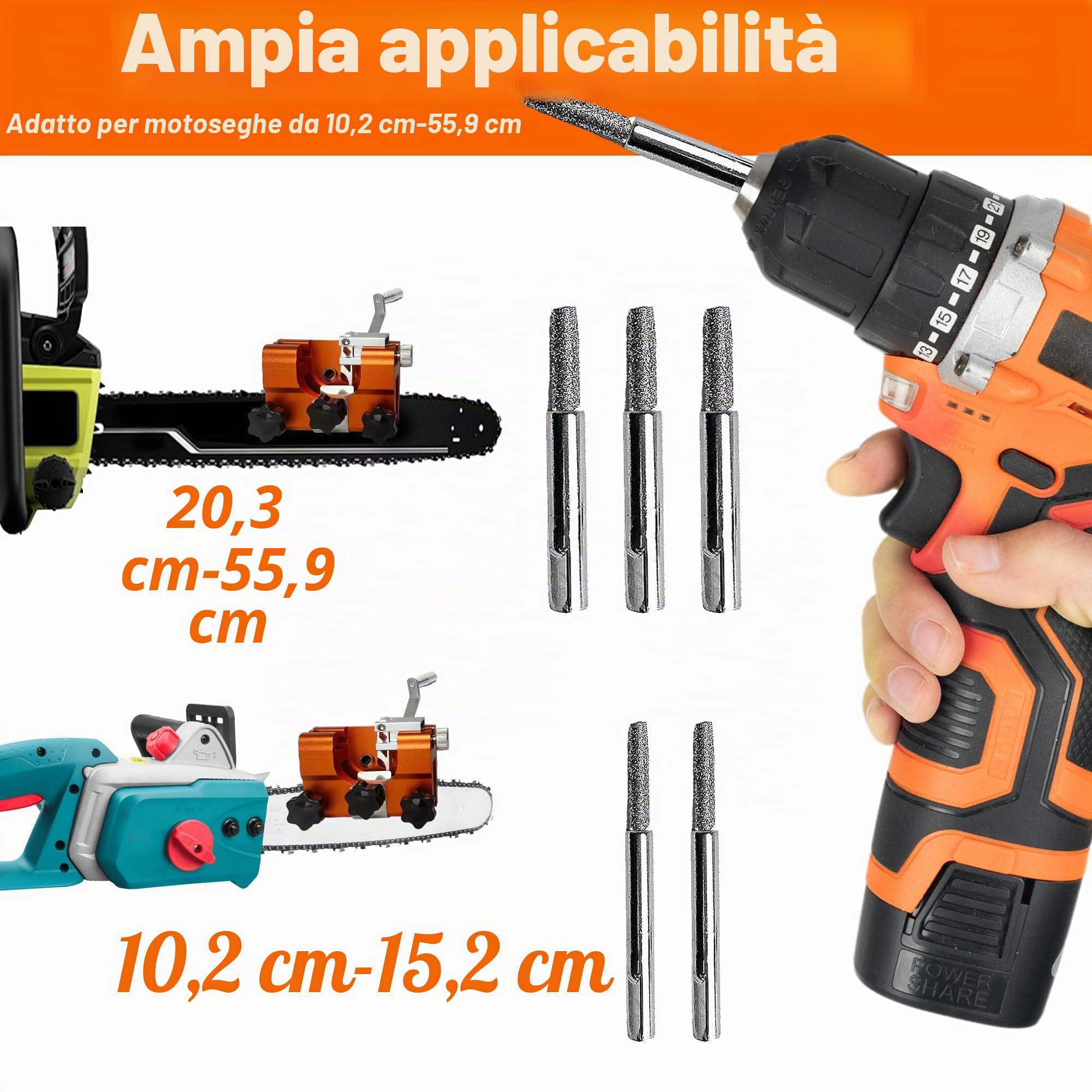 Affila Catena Motosega,Lima per Motosega,Kit Affilatura Catena Motosega con 5Pcs carburo di tungsteno,Sega a catena affilatrice strumento, 4 "-22" seghe a catena (arancione)