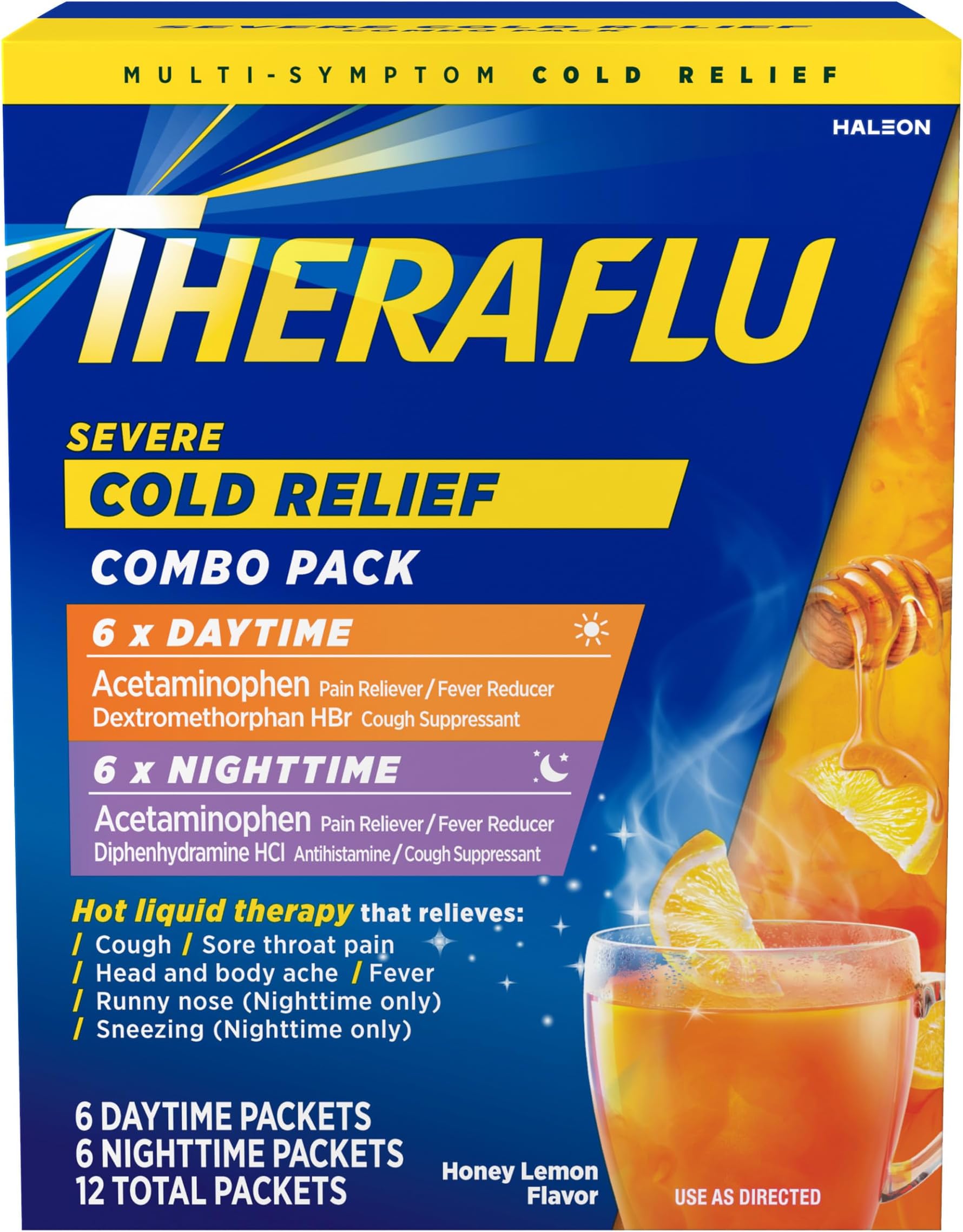 Combo Daytime and Nighttime Severe Cold Relief Powder, Honey Lemon Flavor, 12 Count, 6 Daytime + 6 Nighttime